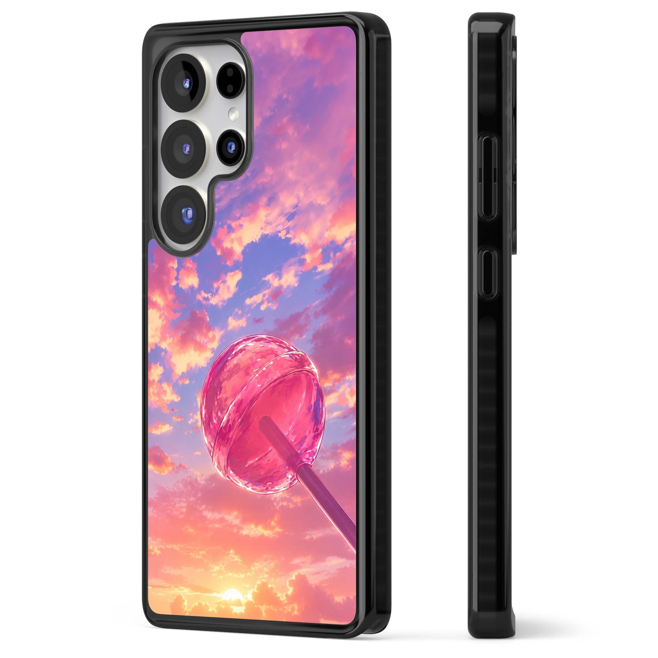 Sugar Sunset candy aesthetic iPhone case featuring a pink lollipop, pastel sunset sky and dreamy clouds | Black Impact case for Samsung Galaxy S25 Ultra