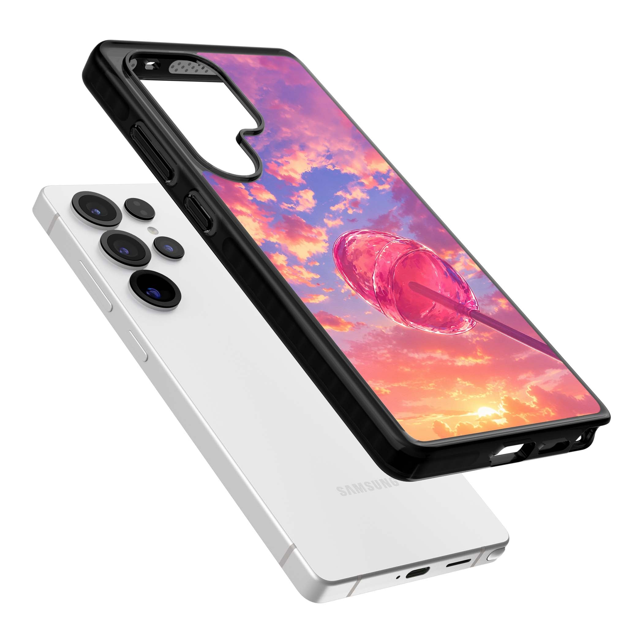 Sugar Sunset candy aesthetic iPhone case featuring a pink lollipop, pastel sunset sky and dreamy clouds | Black Impact case for Samsung Galaxy S25 Ultra