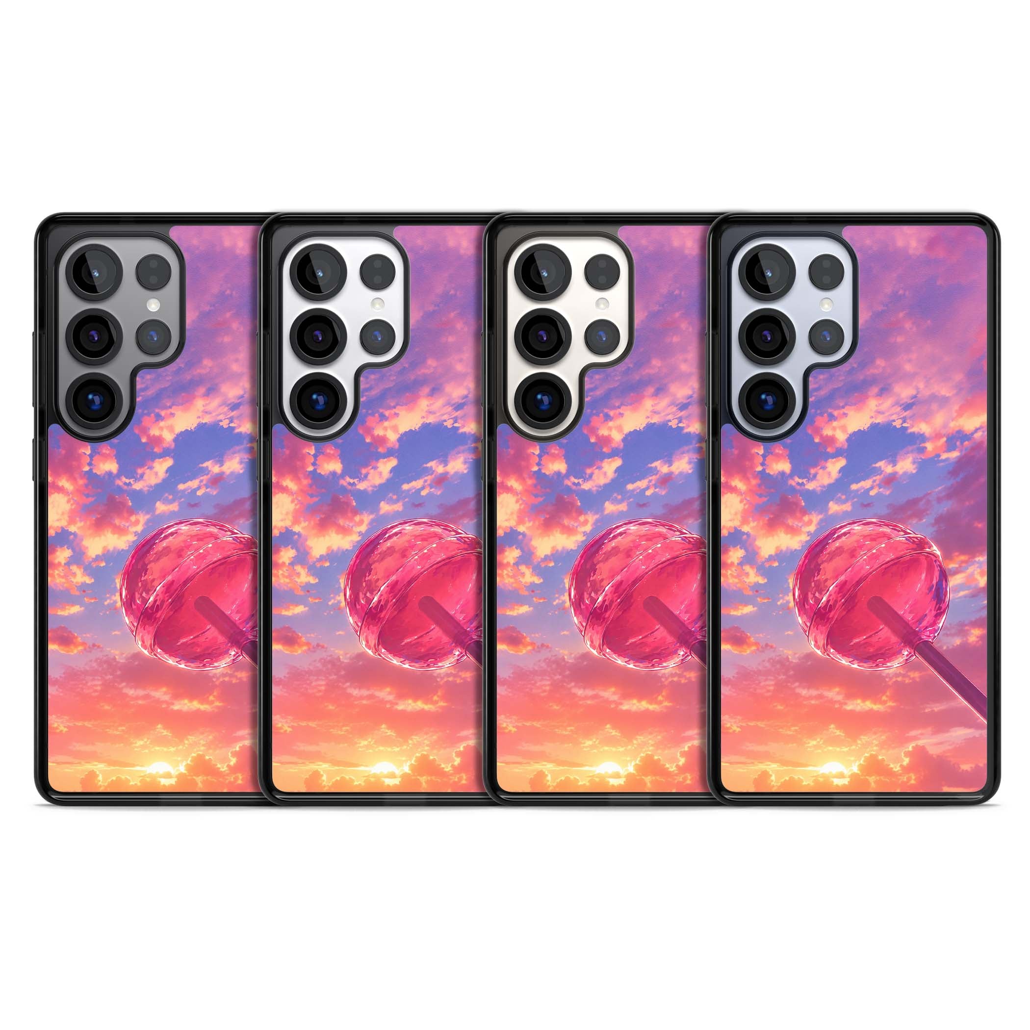 Sugar Sunset candy aesthetic iPhone case featuring a pink lollipop, pastel sunset sky and dreamy clouds | Black Impact case for Samsung Galaxy S25 Ultra