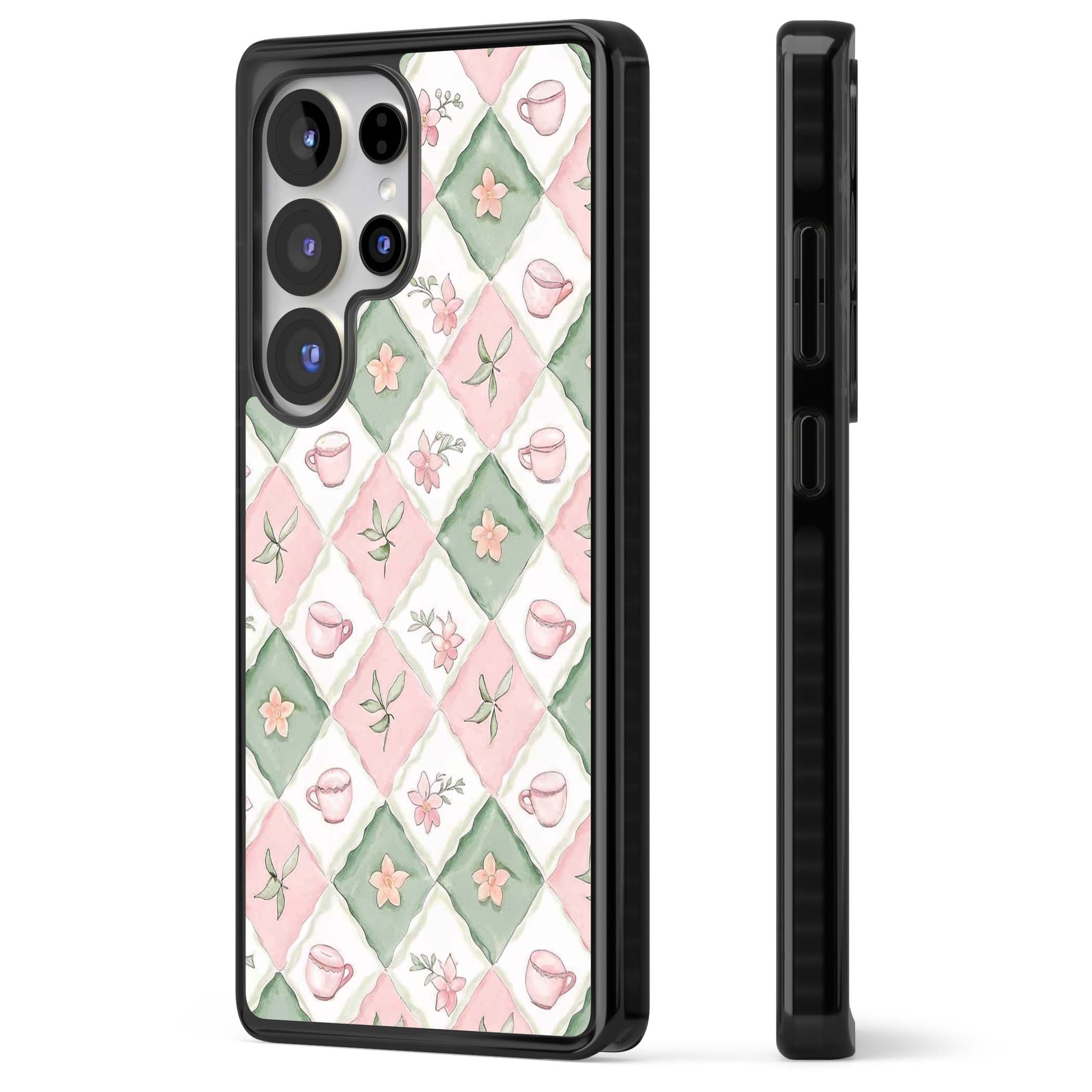Garden Tea Party coquette iPhone case with pink and green checkered pattern, watercolour teacups and wildflowers | Black Impact case for Samsung Galaxy S25 Ultra