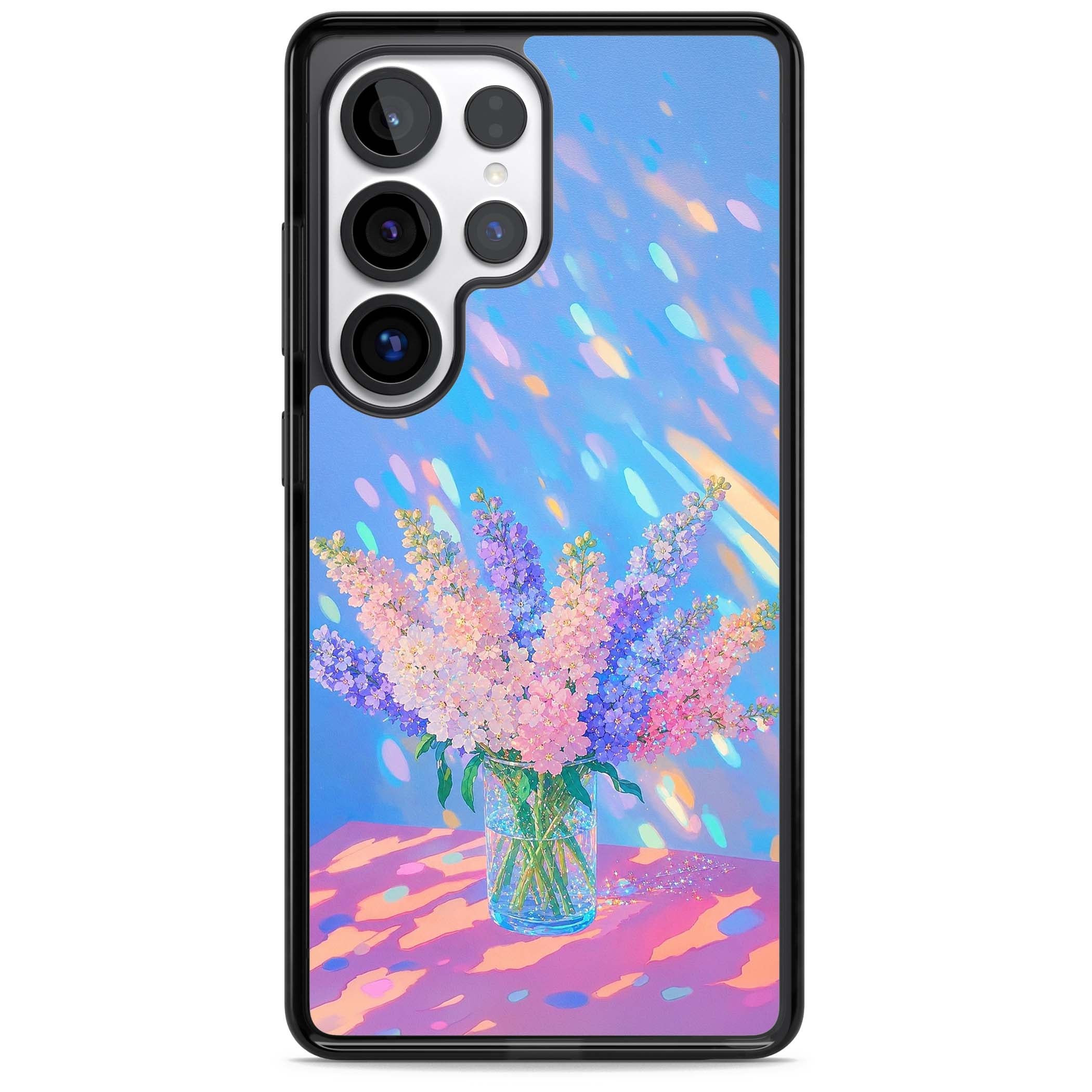 Bubblegum Flowers floral iPhone case featuring pastel lilac and pink bouquet in a glass vase with iridescent light | Black Impact case for Samsung Galaxy S25 Ultra