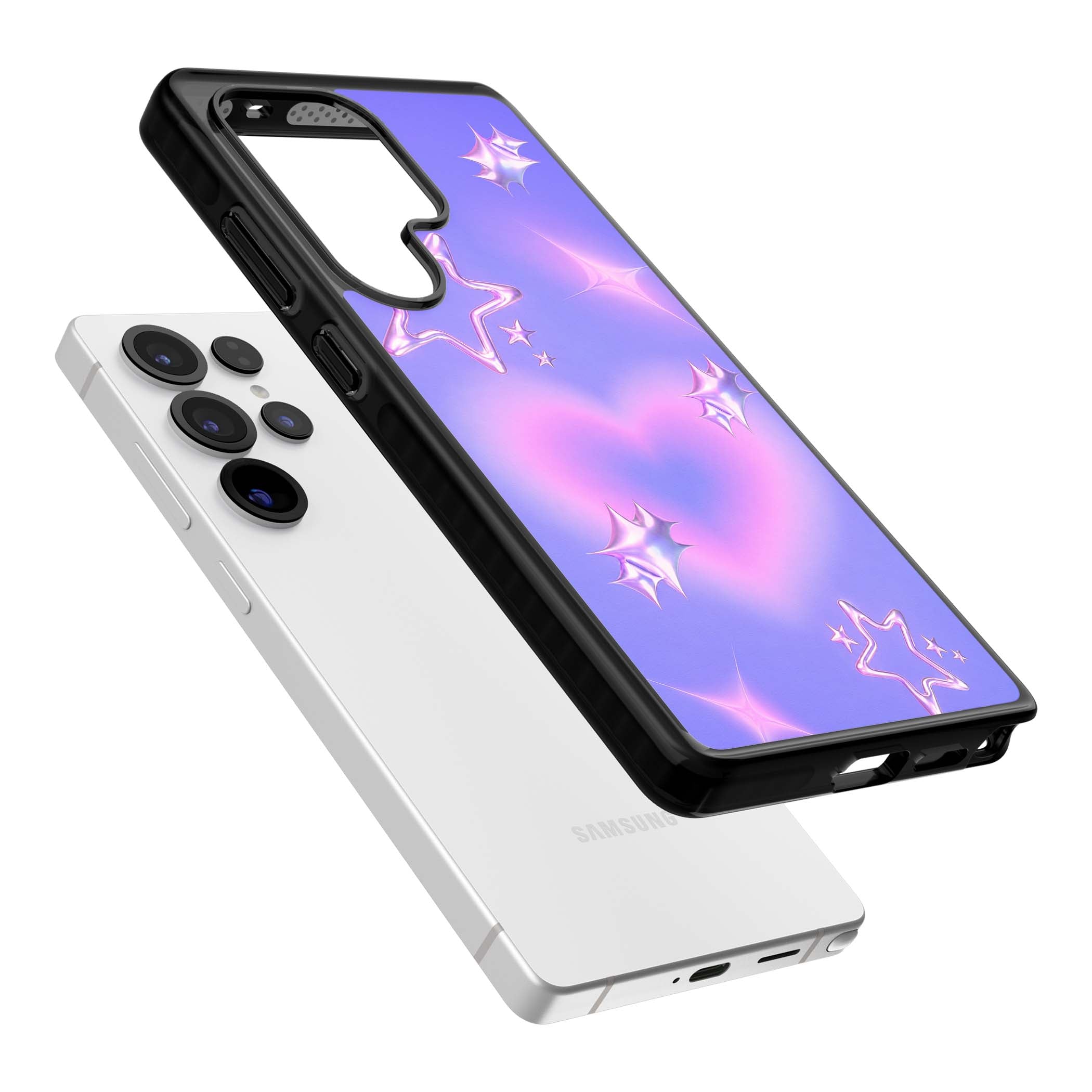 Soft Sugar Y2K iPhone case featuring iridescent chrome hearts, metallic pink stars and a lavender gradient sky | Black Impact case for Samsung Galaxy S25 Ultra