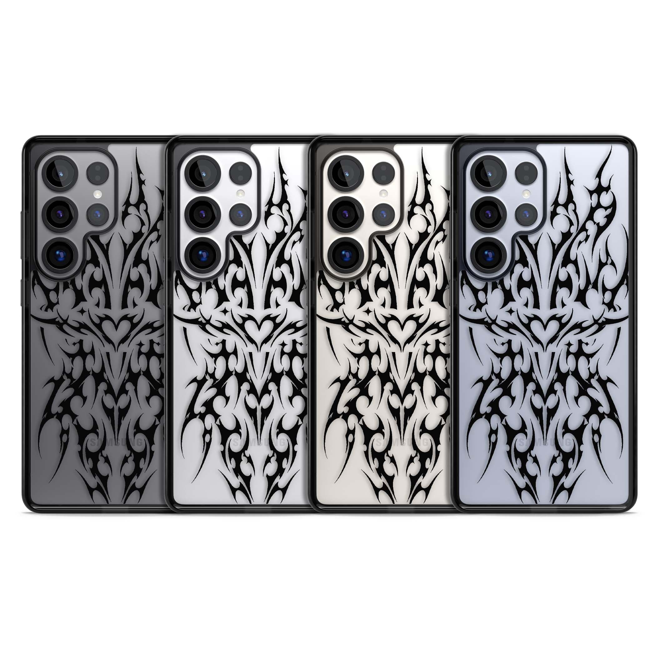 Neo Tribal Heart gothic iPhone case featuring symmetrical black tribal tattoo art with sharp thorn-like linework | Black Impact case for Samsung Galaxy S25 Ultra