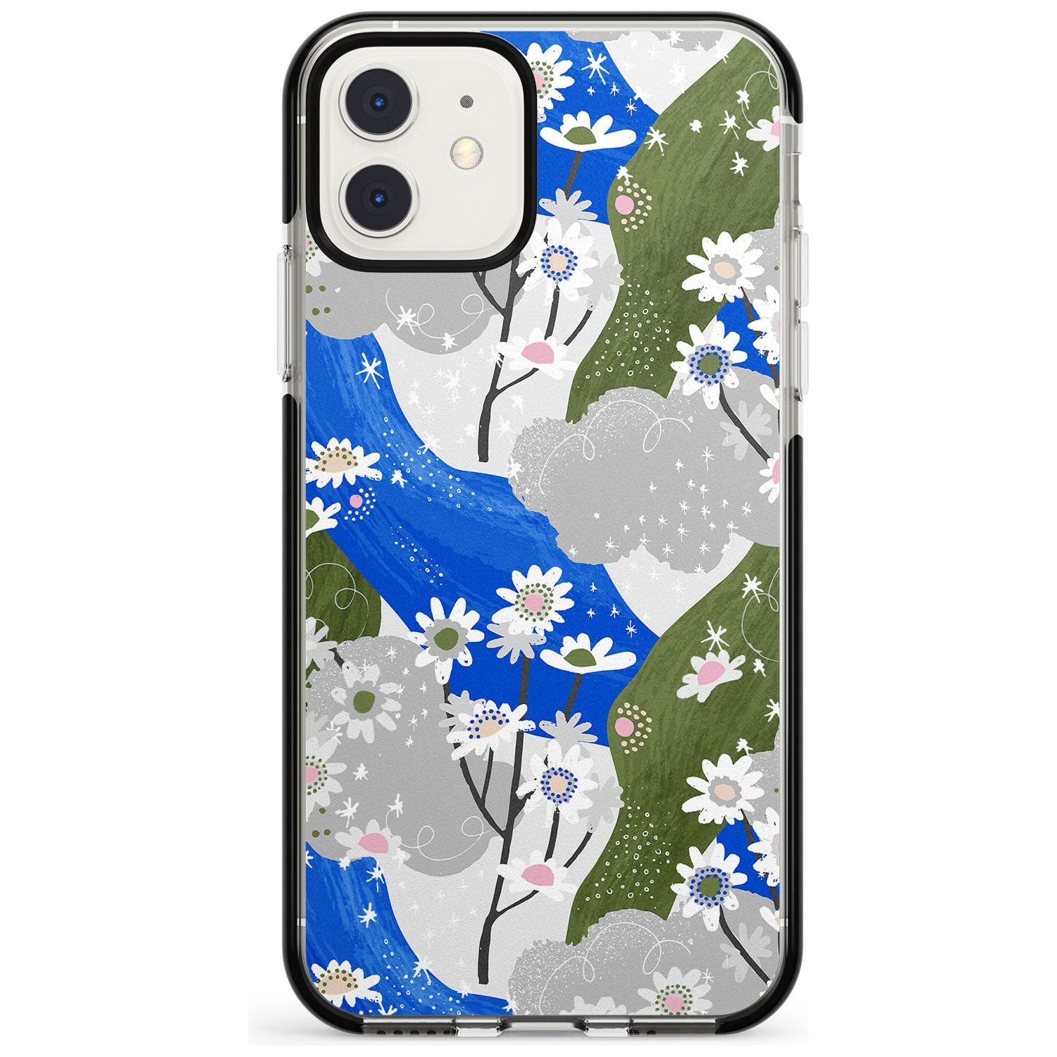 Blue & Grey Daisies Pattern iPhone Case Black Impact Phone Case - Case Warehouse