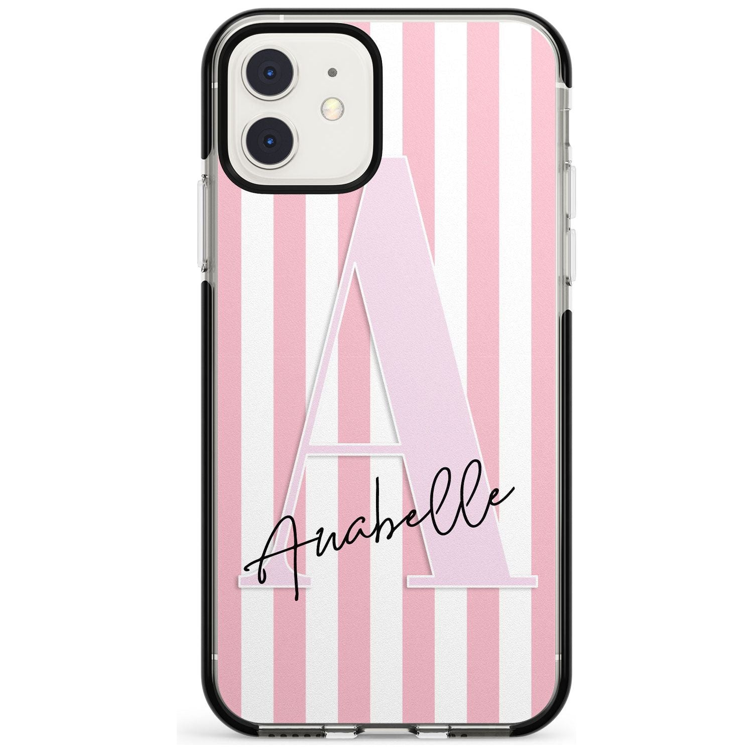 Pink Stripes & Large Monogram iPhone Case Black Impact Custom Phone Case - Case Warehouse