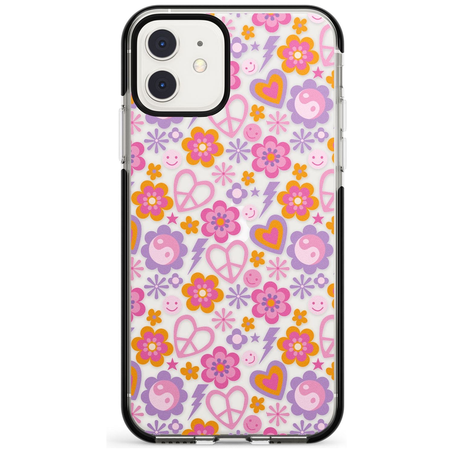 Peace, Love and Flowers Pattern Black Impact Phone Case for iPhone 11 Pro Max