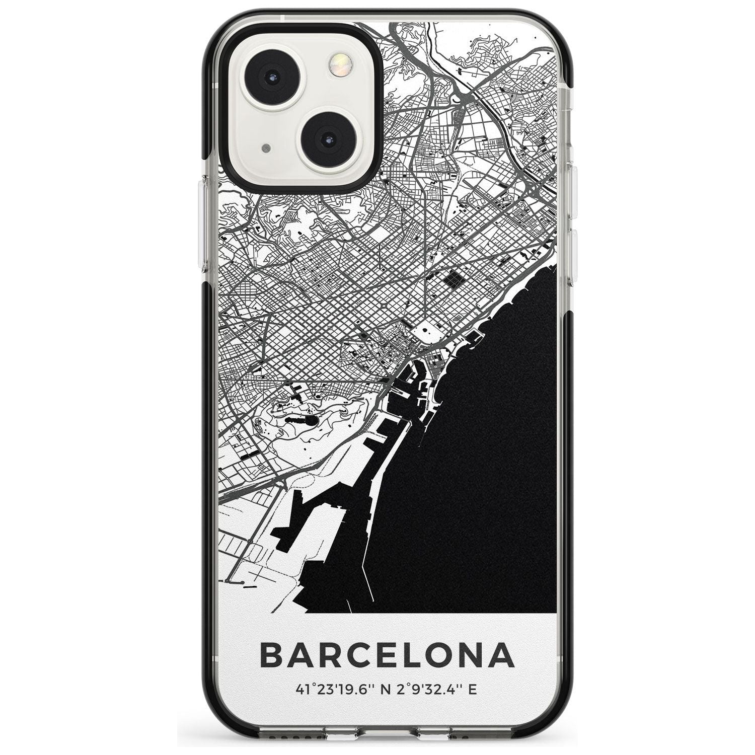 Map of Barcelona, Spain Phone Case iPhone 13 Mini / Black Impact Case Blanc Space