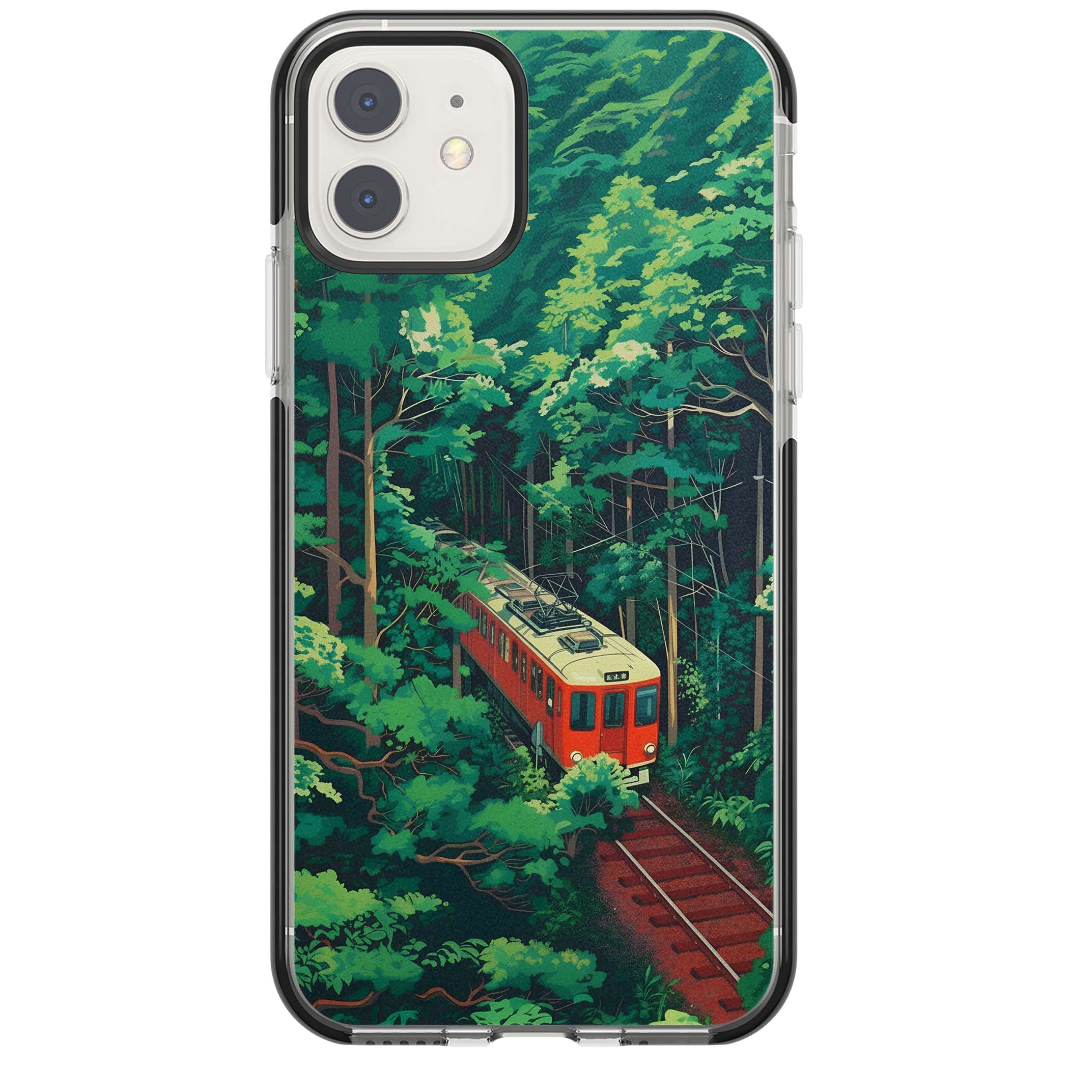 Railway In Toyama Japanese iPhone case featuring a red train, cedar forest and winding mountain railway tracks | Black Impact case for iPhone 11, iPhone 12