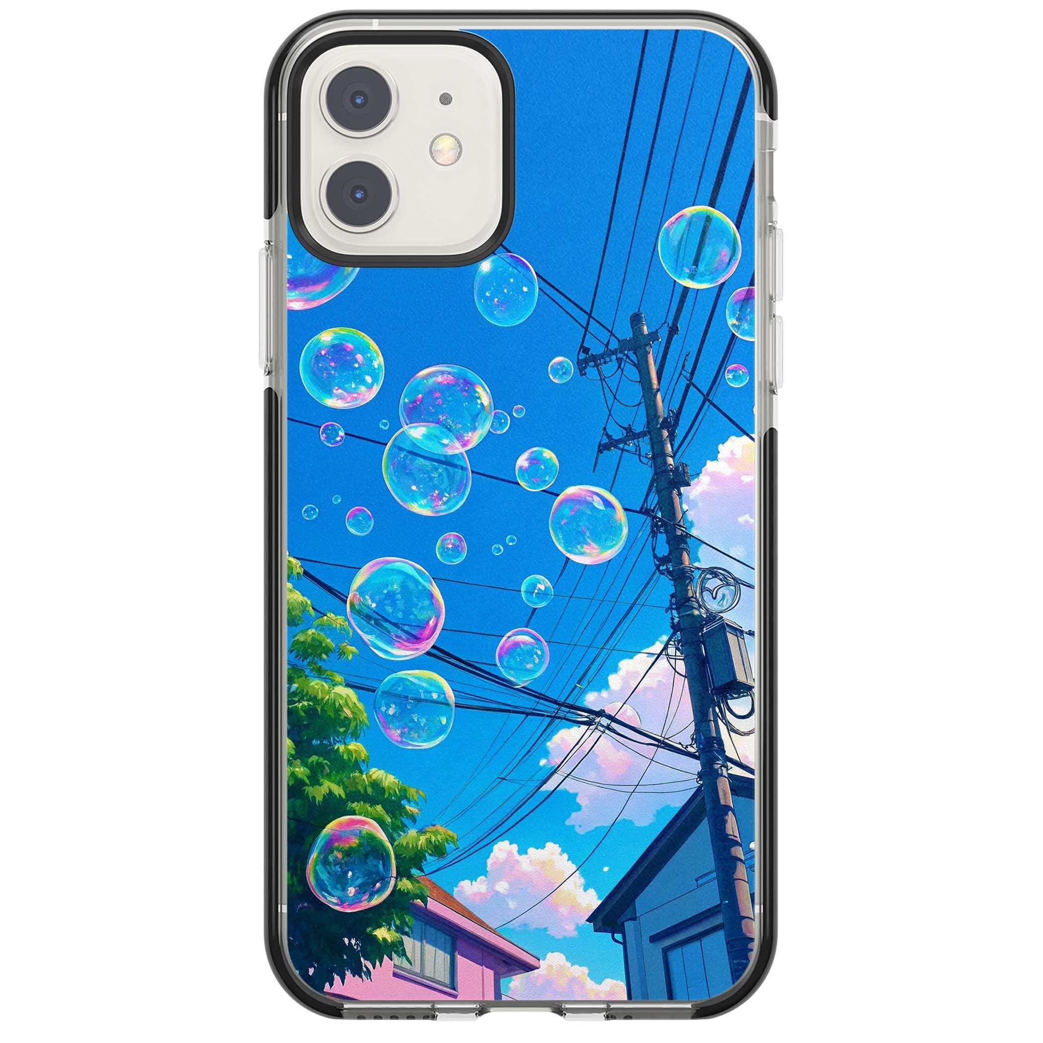 Suburban Bubbles anime iPhone case featuring iridescent soap bubbles, blue sky and Japanese telephone wires | Black Impact case for iPhone 11, iPhone 12