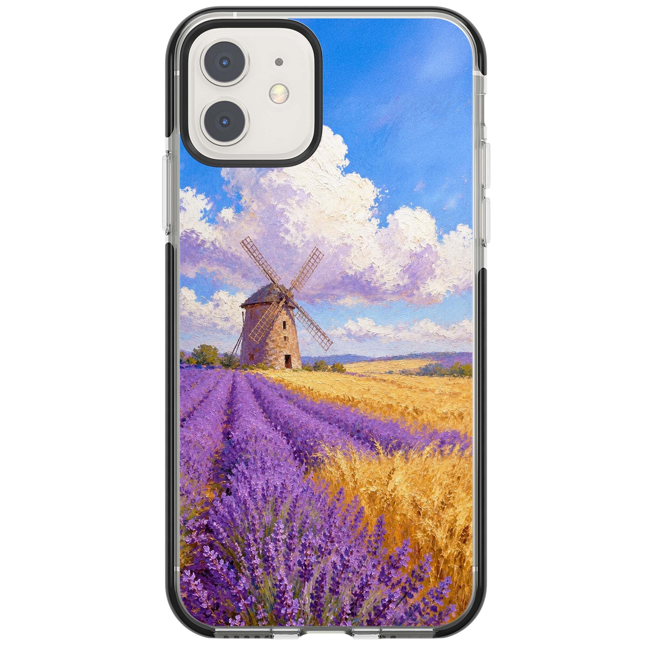 Lavender Mill cottagecore iPhone case featuring a French windmill, lavender field and golden wheat oil painting | Black Impact case for iPhone 11, iPhone 12