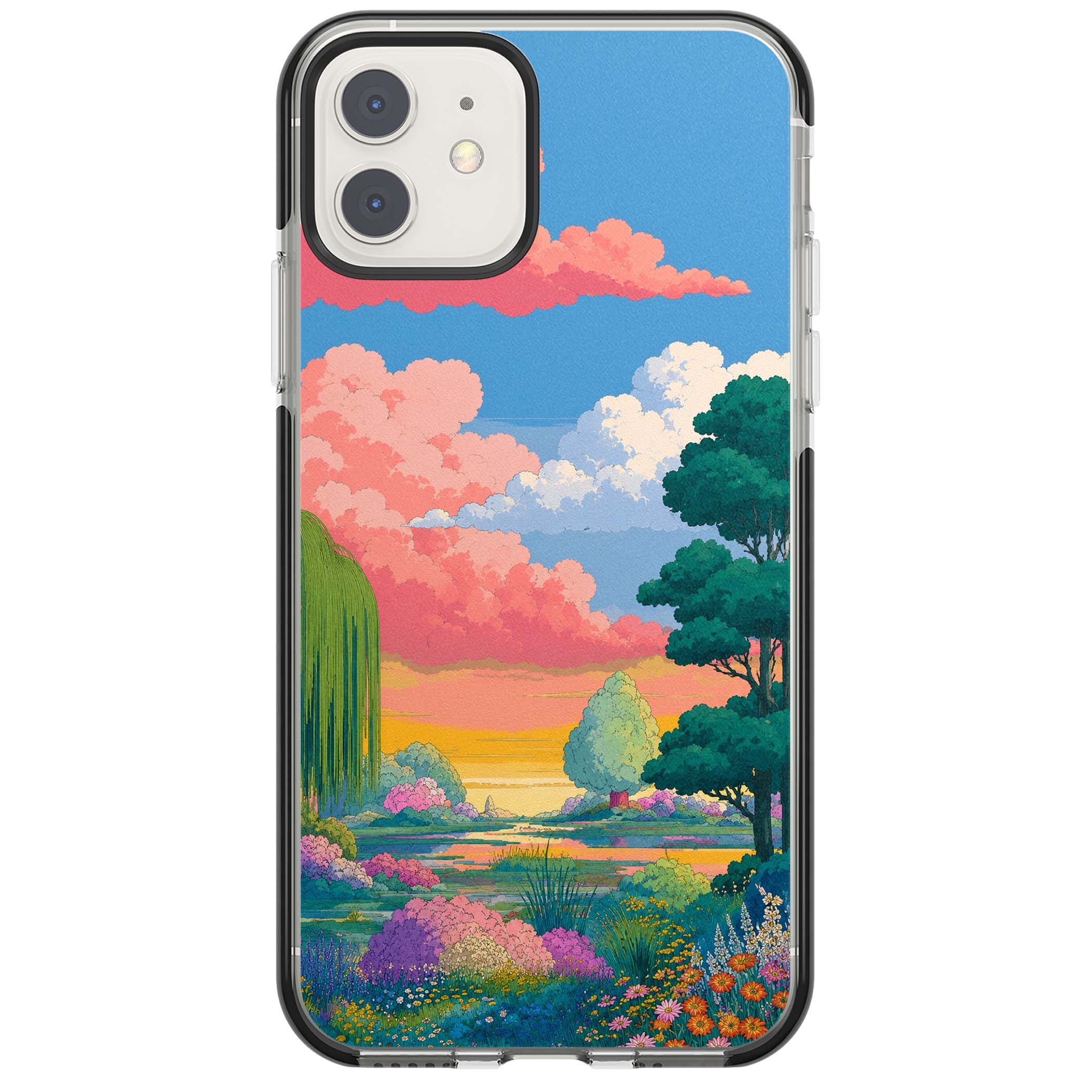Dream Valley anime landscape iPhone case featuring pink sunset clouds, willow trees and wildflowers | Black Impact case for iPhone 11, iPhone 12