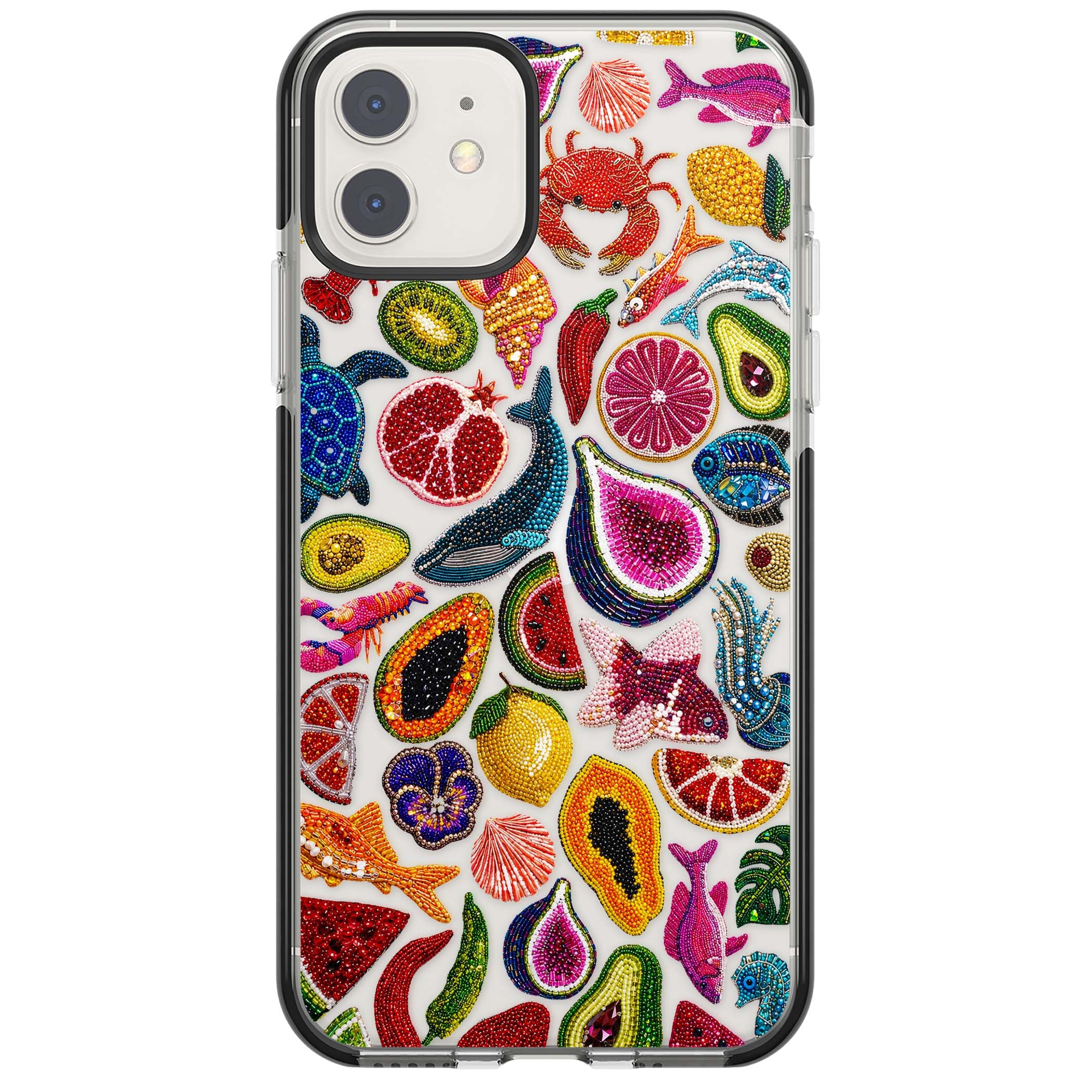 Beaded Tropic tropical iPhone case featuring beaded fruit, fish, crabs and seashells in vibrant colour | Black Impact case for iPhone 11, iPhone 12