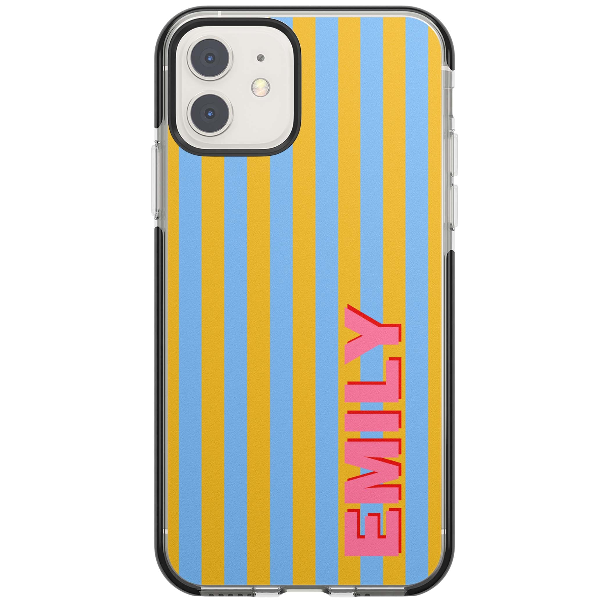 Carribean Stripe personalised coastal iPhone case with yellow and blue vertical stripes and a custom pink name | Black Impact case for iPhone 11, iPhone 12