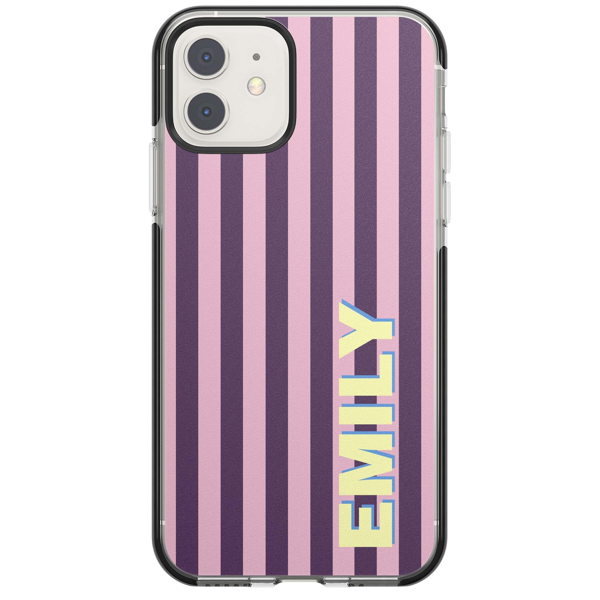 Tyre Stripe personalised stripe iPhone case with plum and pink vertical stripes and custom yellow name | Black Impact case for iPhone 11, iPhone 12