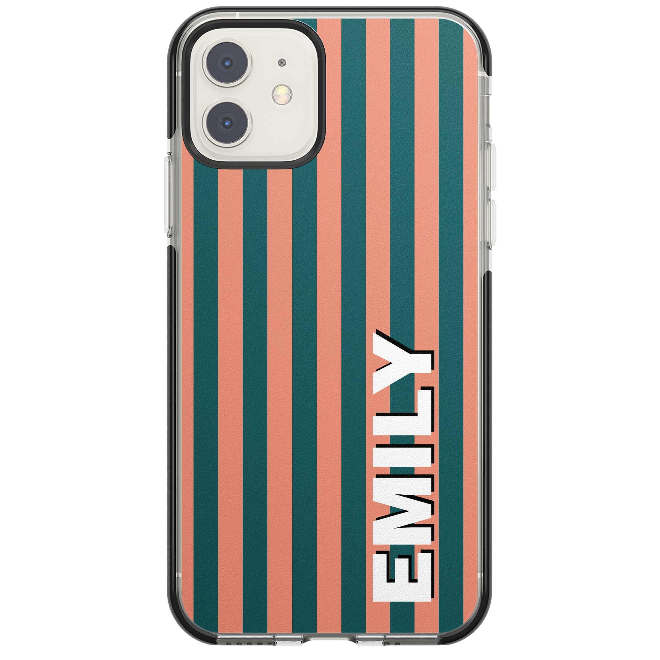 Tuscan Stripe personalised iPhone case featuring coral and green vertical stripes with bold custom name | Black Impact case for iPhone 11, iPhone 12
