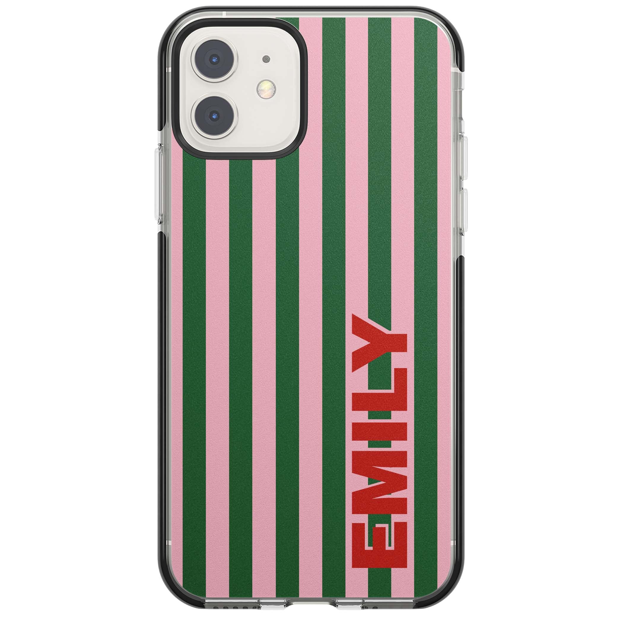 Italian Stripe preppy iPhone case featuring pink and green vertical stripes with personalised red name | Black Impact case for iPhone 11, iPhone 12