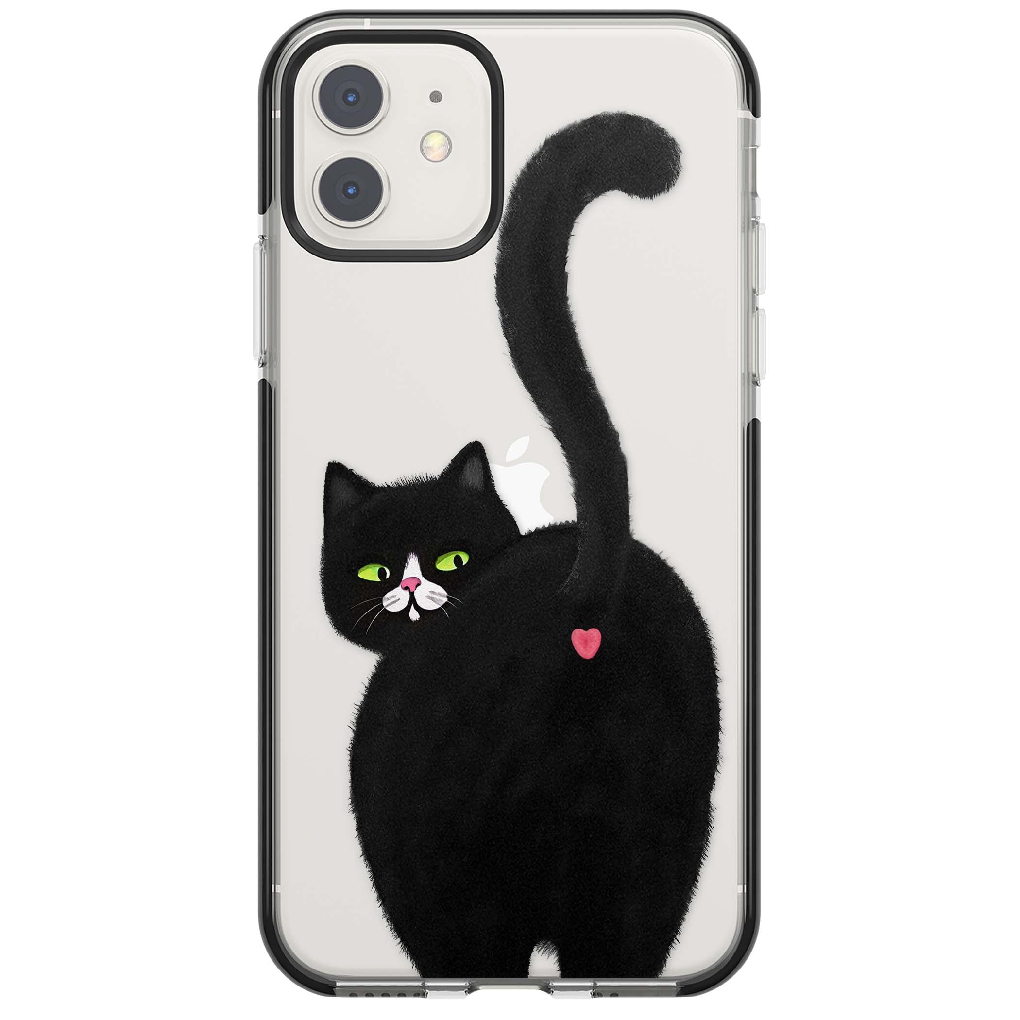 The Cat's Kiss cute cat iPhone case featuring a hand-painted tuxedo kitty with green eyes and a pink heart on a clear  | Black Impact case for iPhone 11, iPhone 12