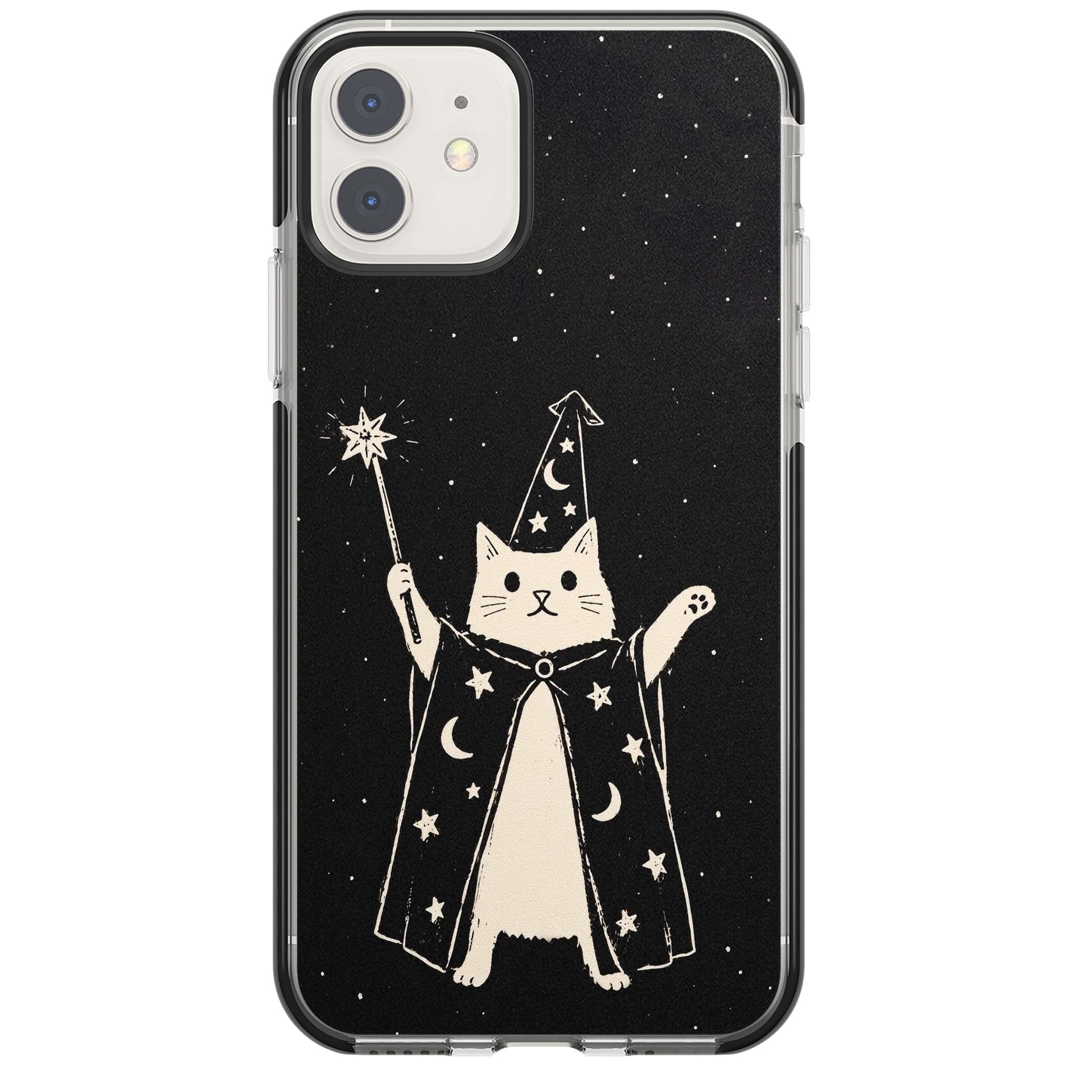 Whisker Wizard celestial cat iPhone case featuring a wizard cat with magic wand, starry night sky and crescent moons | Black Impact case for iPhone 11, iPhone 12