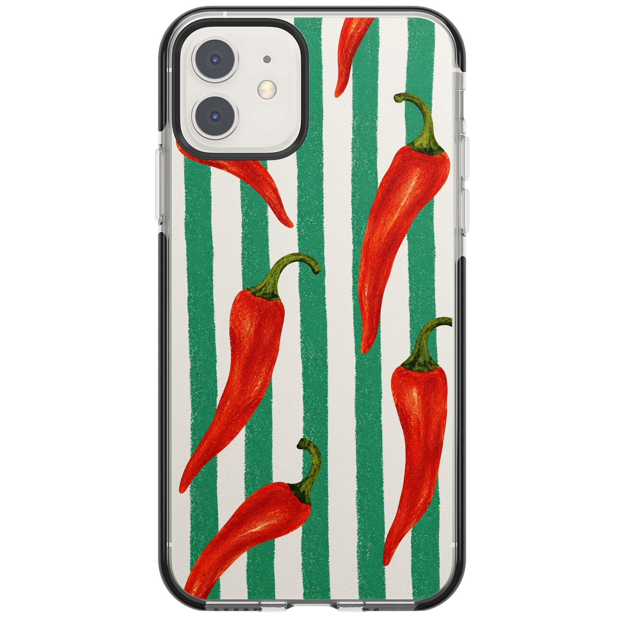 Striped Chillis coastal iPhone case featuring hand-painted red chili peppers on green and cream stripes | Black Impact case for iPhone 11, iPhone 12