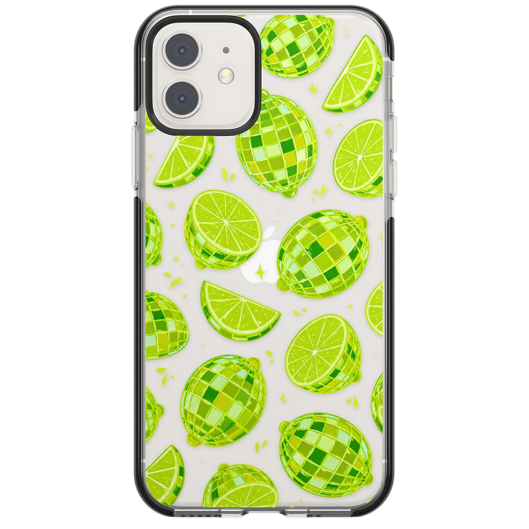 Disco Limes fruit aesthetic iPhone case featuring green disco balls, lime slices and citrus sparkles | Black Impact case for iPhone 11, iPhone 12