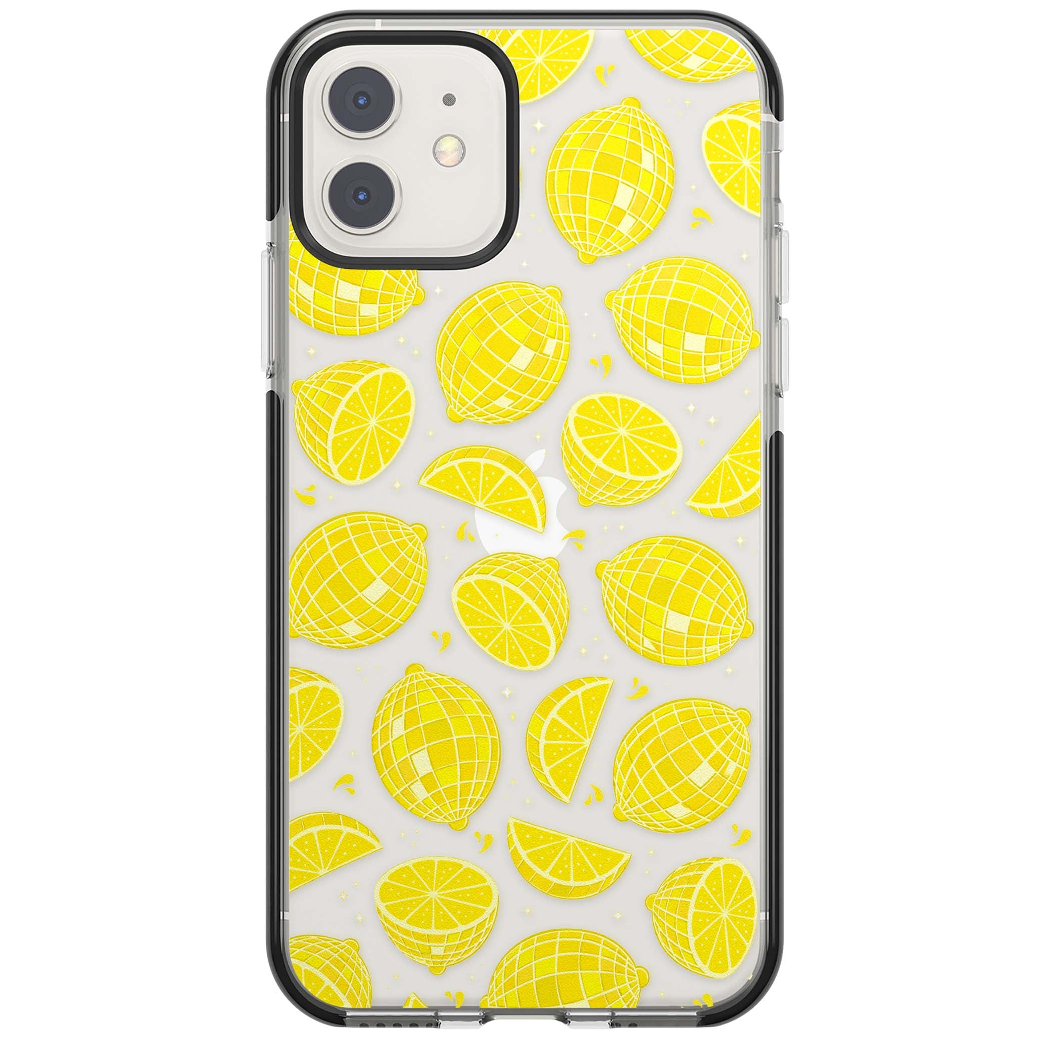 Disco Lemons citrus iPhone case featuring mirrorball lemons, sliced fruit and sparkle accents | Black Impact case for iPhone 11, iPhone 12
