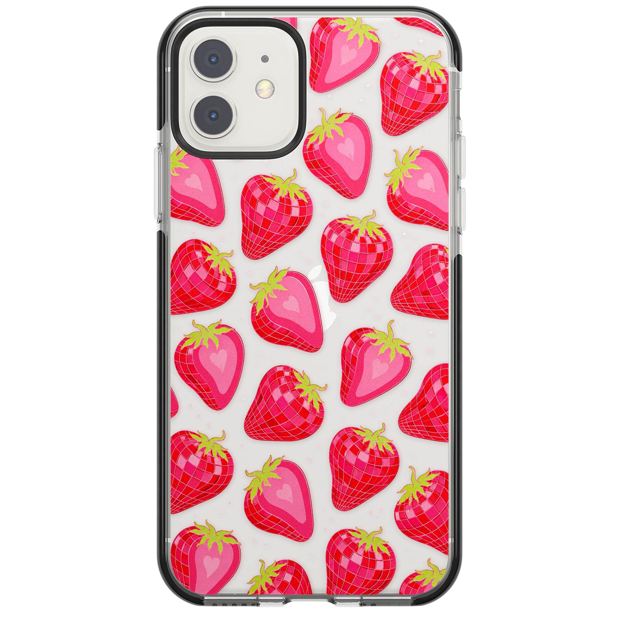 Disco Strawberry Y2K iPhone case featuring pink disco-ball strawberries, green leaves and tiny sparkles | Black Impact case for iPhone 11, iPhone 12
