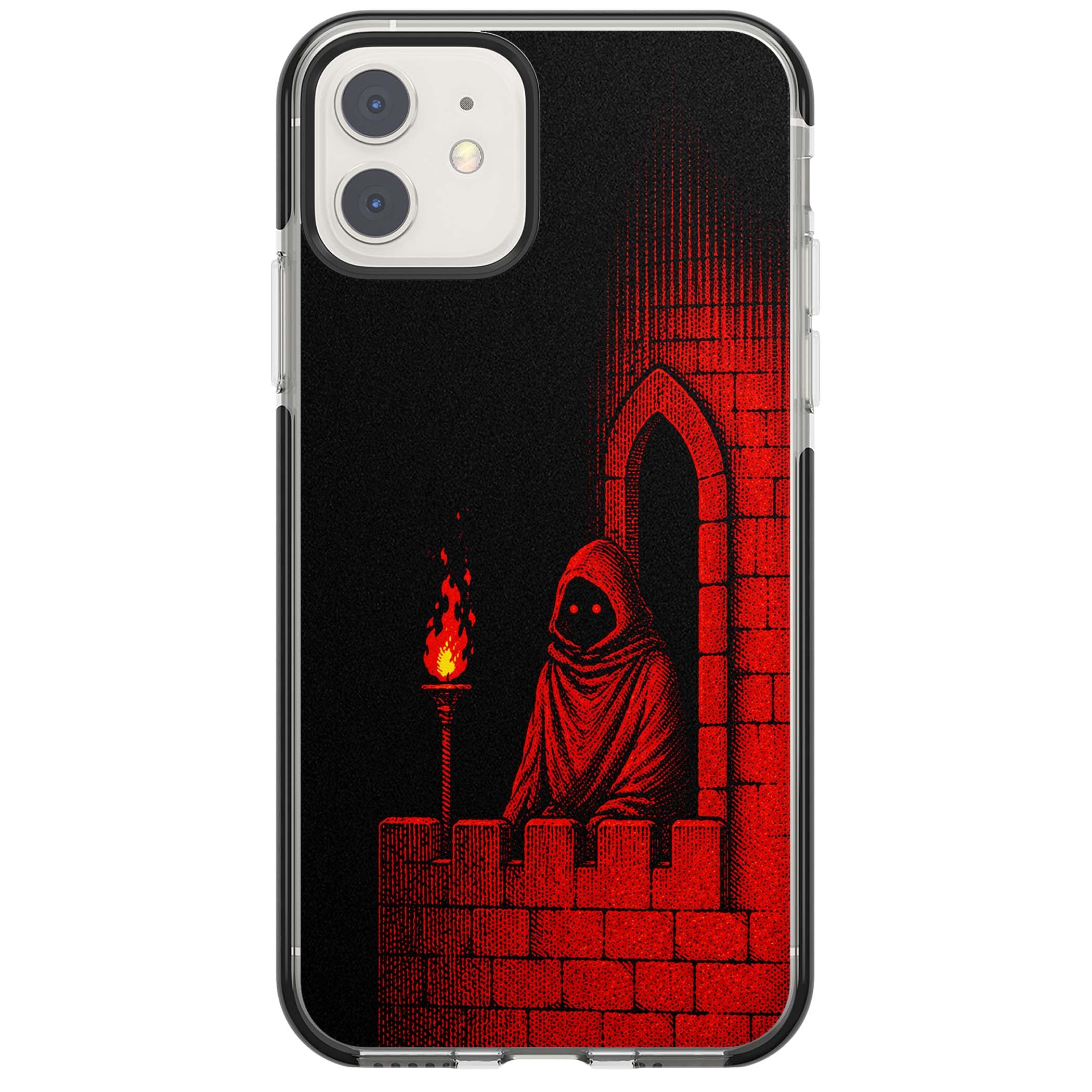 Crimson Crypt gothic iPhone case featuring a hooded reaper, torchlit crypt archway and red halftone horror art | Black Impact case for iPhone 11, iPhone 12