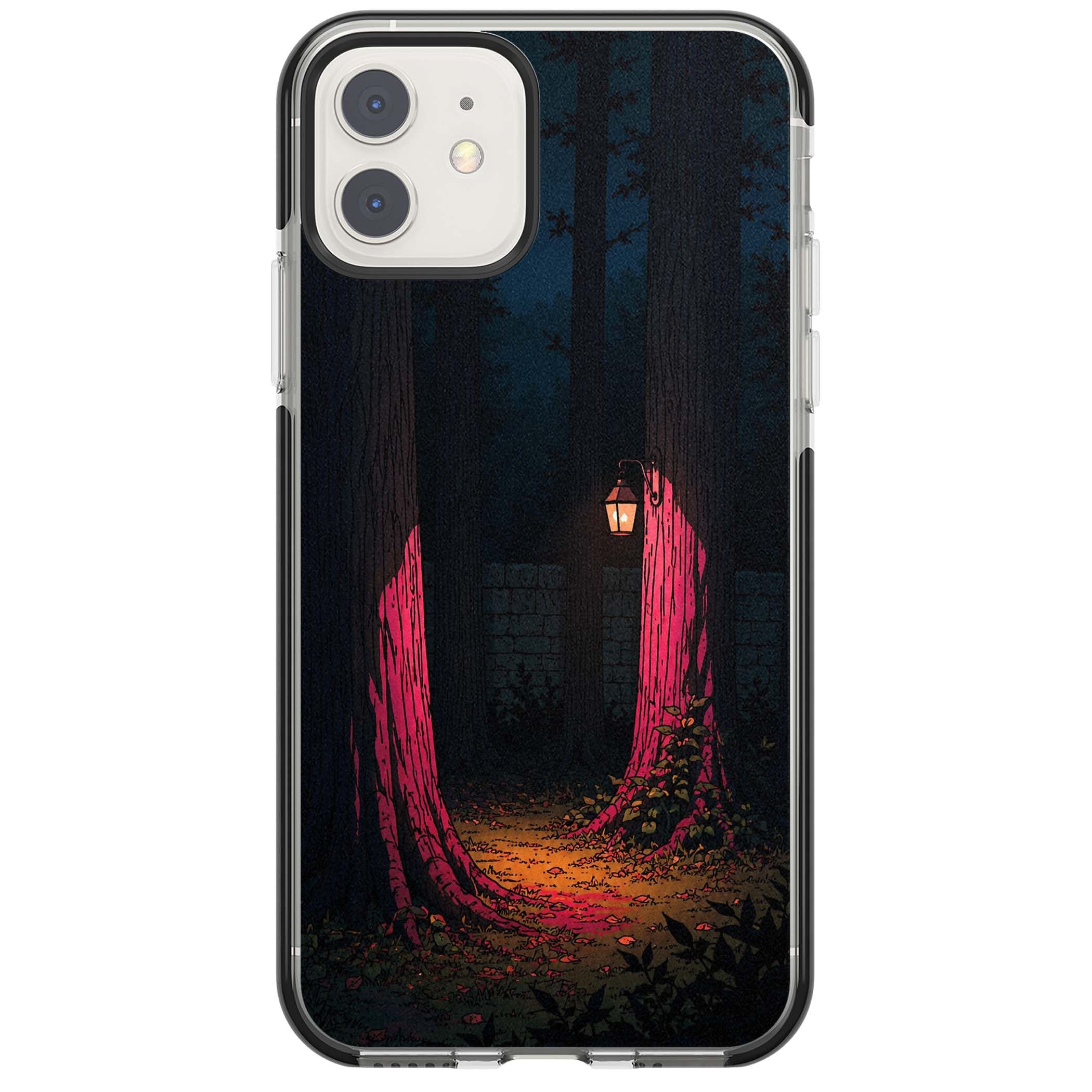 Forest Lantern dark academia iPhone case featuring a moonlit forest, glowing lantern, and stone wall pathway | Black Impact case for iPhone 11, iPhone 12