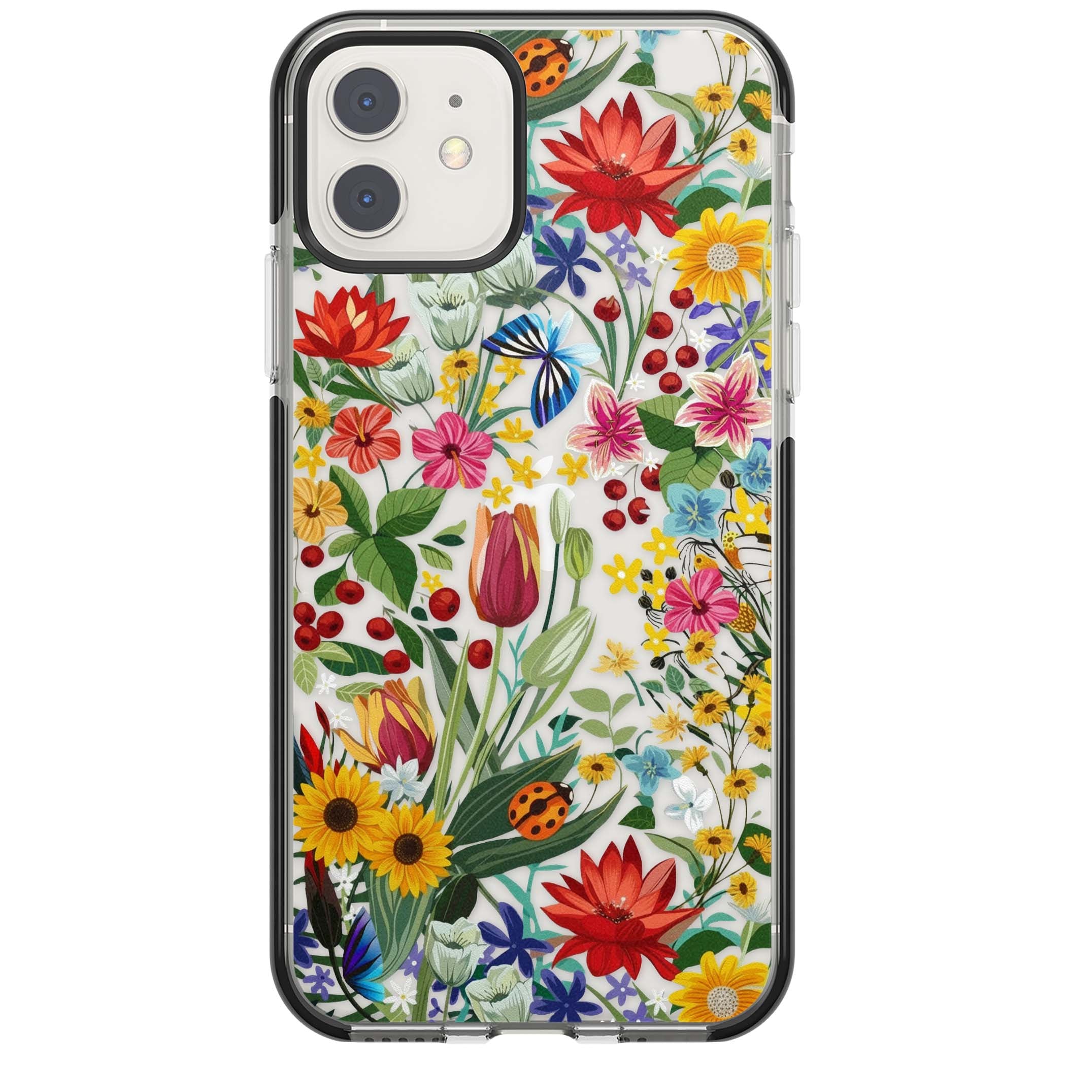 Botanical Bloom cottagecore iPhone case featuring colorful wildflowers, sunflowers, and ladybugs on clear background | Black Impact case for iPhone 11, iPhone 12