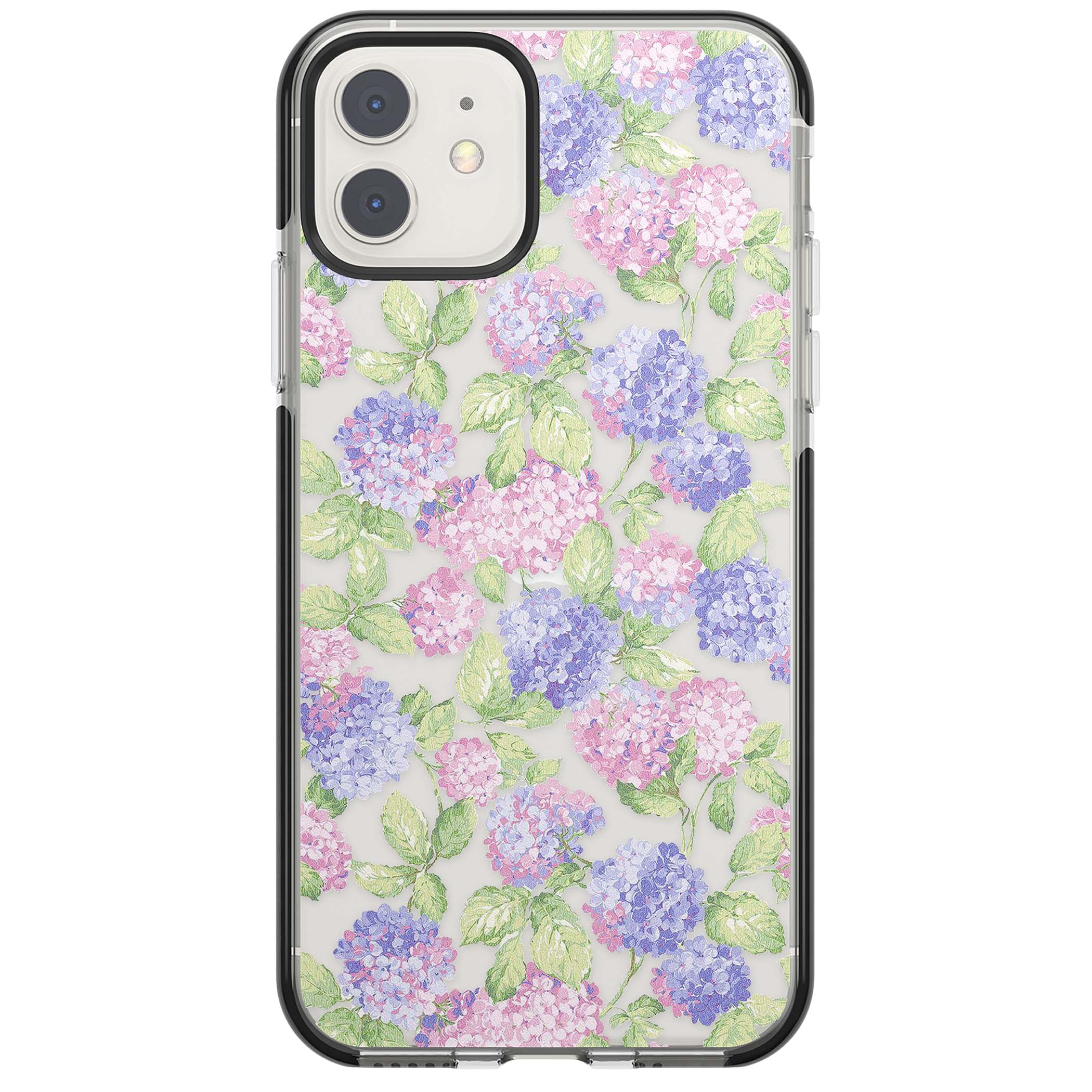 Cottage Hydrangea cottagecore iPhone case featuring pink and purple hydrangea blooms with green leaves on a clear background | Black Impact case for iPhone 11, iPhone 12