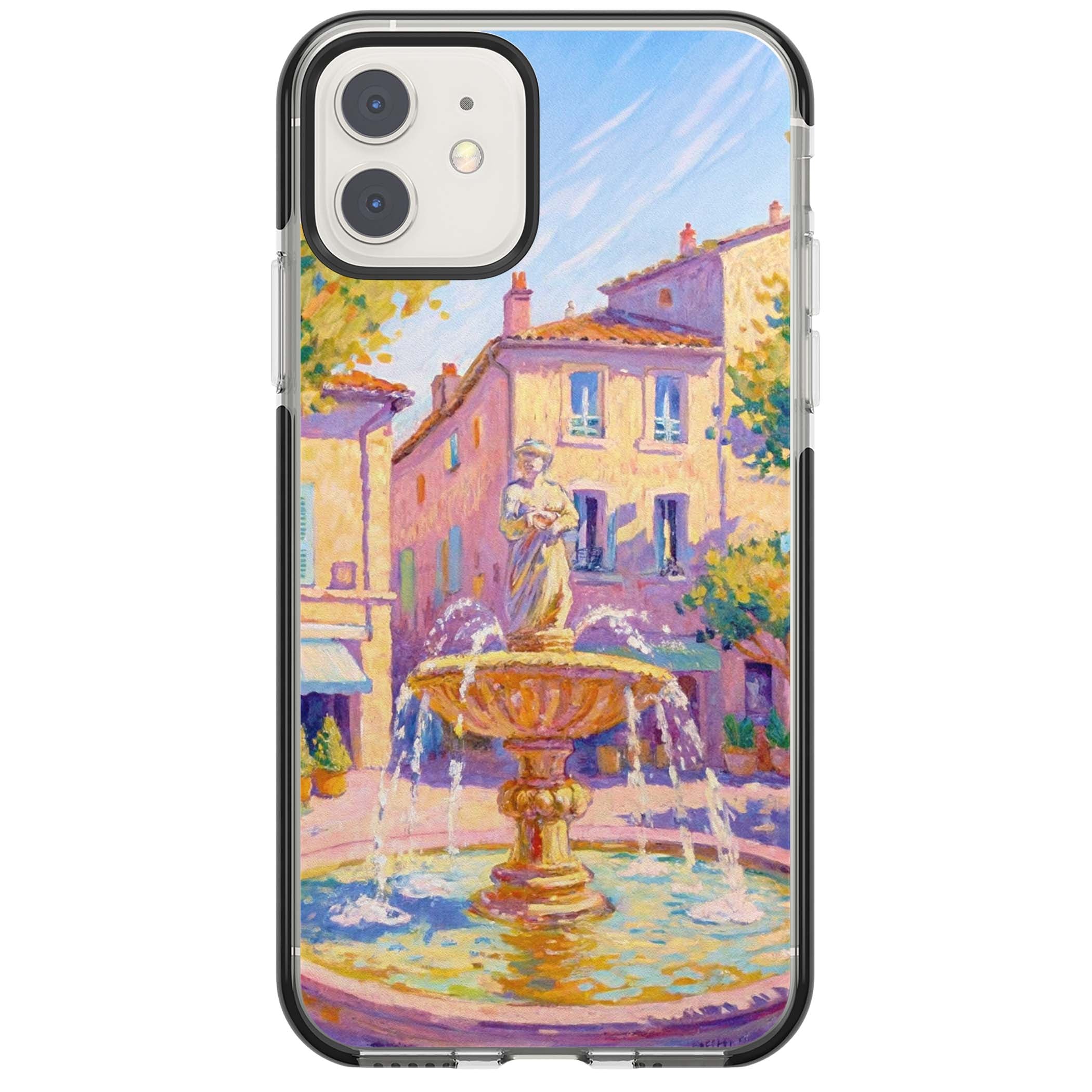 Fountain Square fine art iPhone case featuring an impressionist Provençal fountain, pastel village buildings and summe | Black Impact case for iPhone 11, iPhone 12