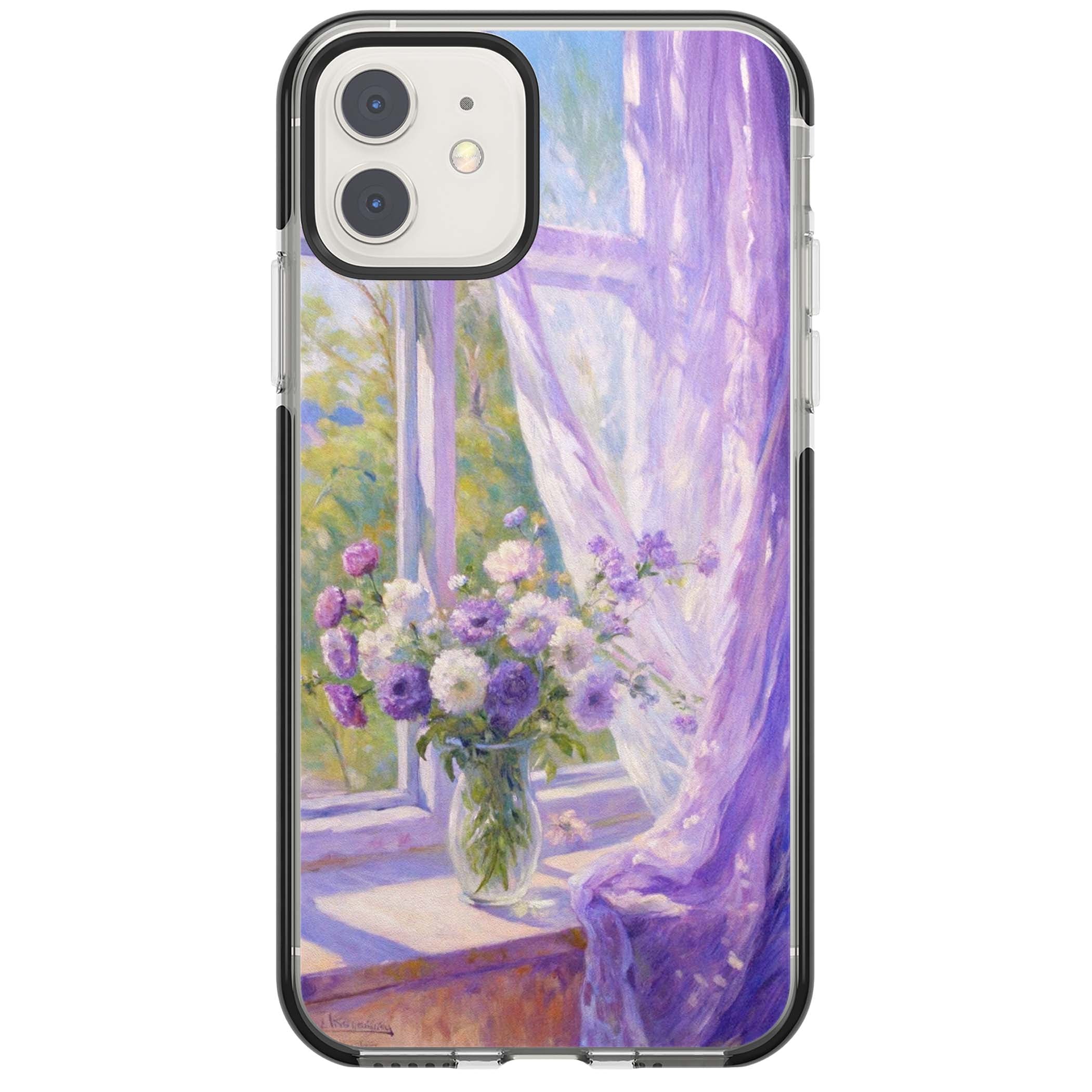 A Provence Morning impressionist art iPhone case featuring a vase of purple flowers, sunlit window and sheer curt | Black Impact case for iPhone 11, iPhone 12