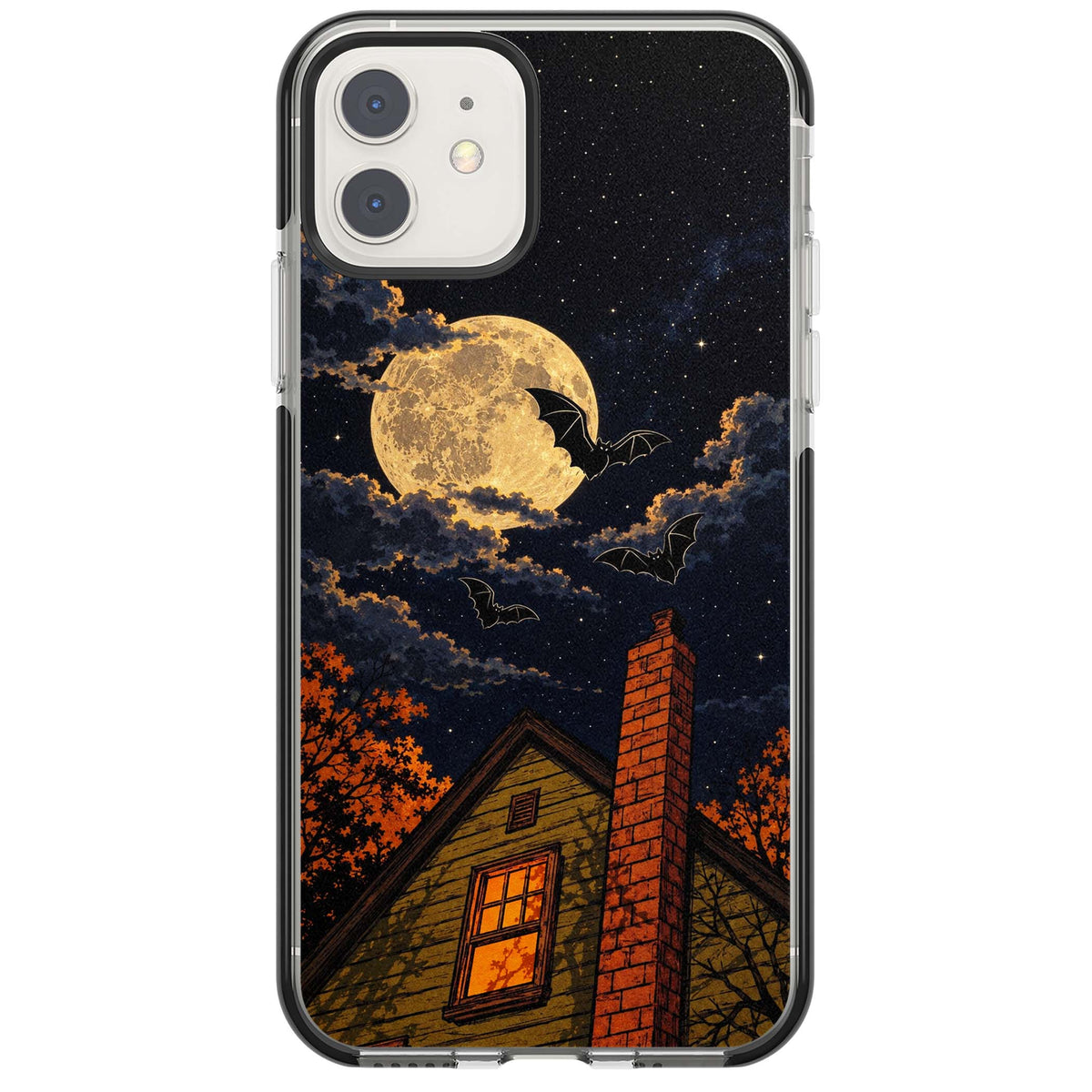 Hollows Eve Halloween iPhone case featuring a haunted house, full moon and flying bats against a starry autumn sky | Black Impact case for iPhone 11, iPhone 12