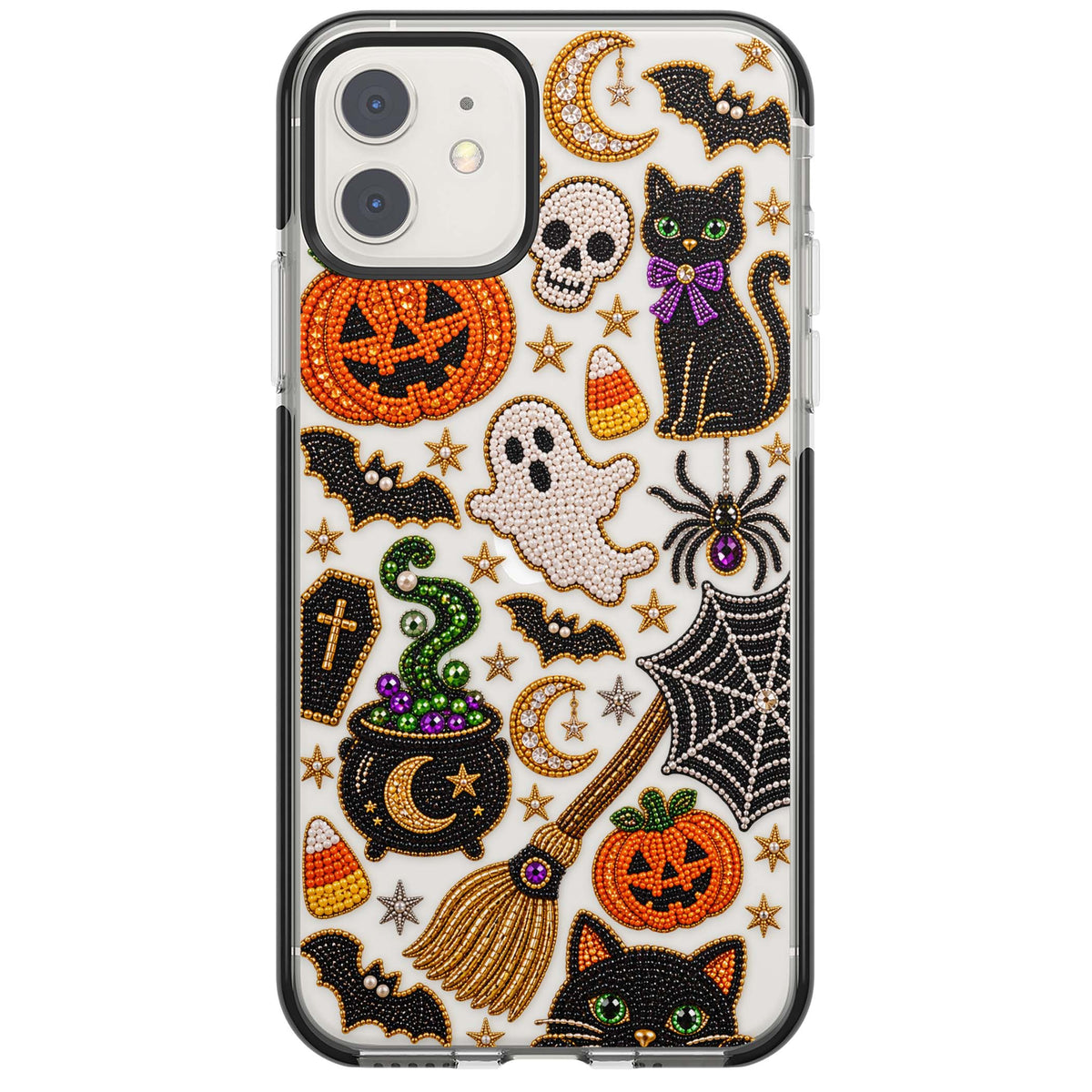 Beaded Halloween Halloween iPhone case featuring beaded pumpkins, ghosts, black cats and bats | Black Impact case for iPhone 11, iPhone 12