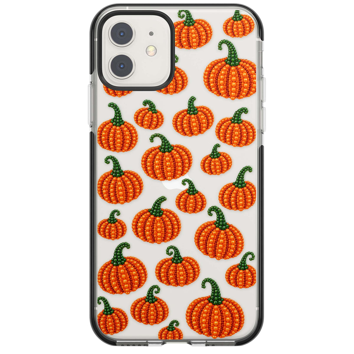 Beaded Pumpkins halloween iPhone case featuring beaded orange pumpkins with green stems on a clear background | Black Impact case for iPhone 11, iPhone 12