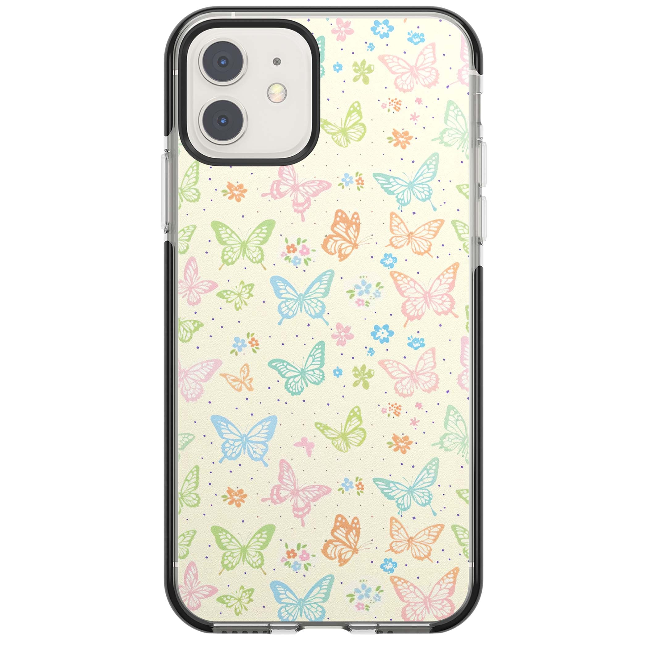 Sugar Wings cottagecore iPhone case featuring rainbow pastel butterflies, tiny wildflowers, and a cream background | Black Impact case for iPhone 11, iPhone 12