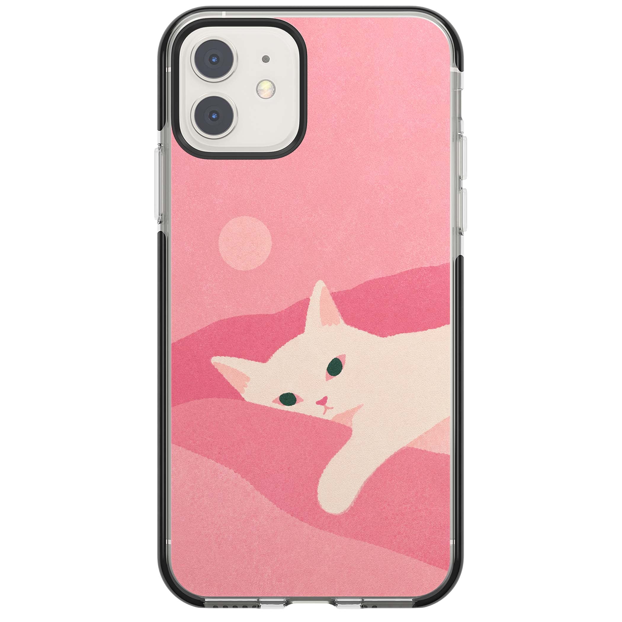 Pink Dreams cute cat iPhone case featuring a white kitten, soft pink hills and a pale pastel sun | Black Impact case for iPhone 11, iPhone 12