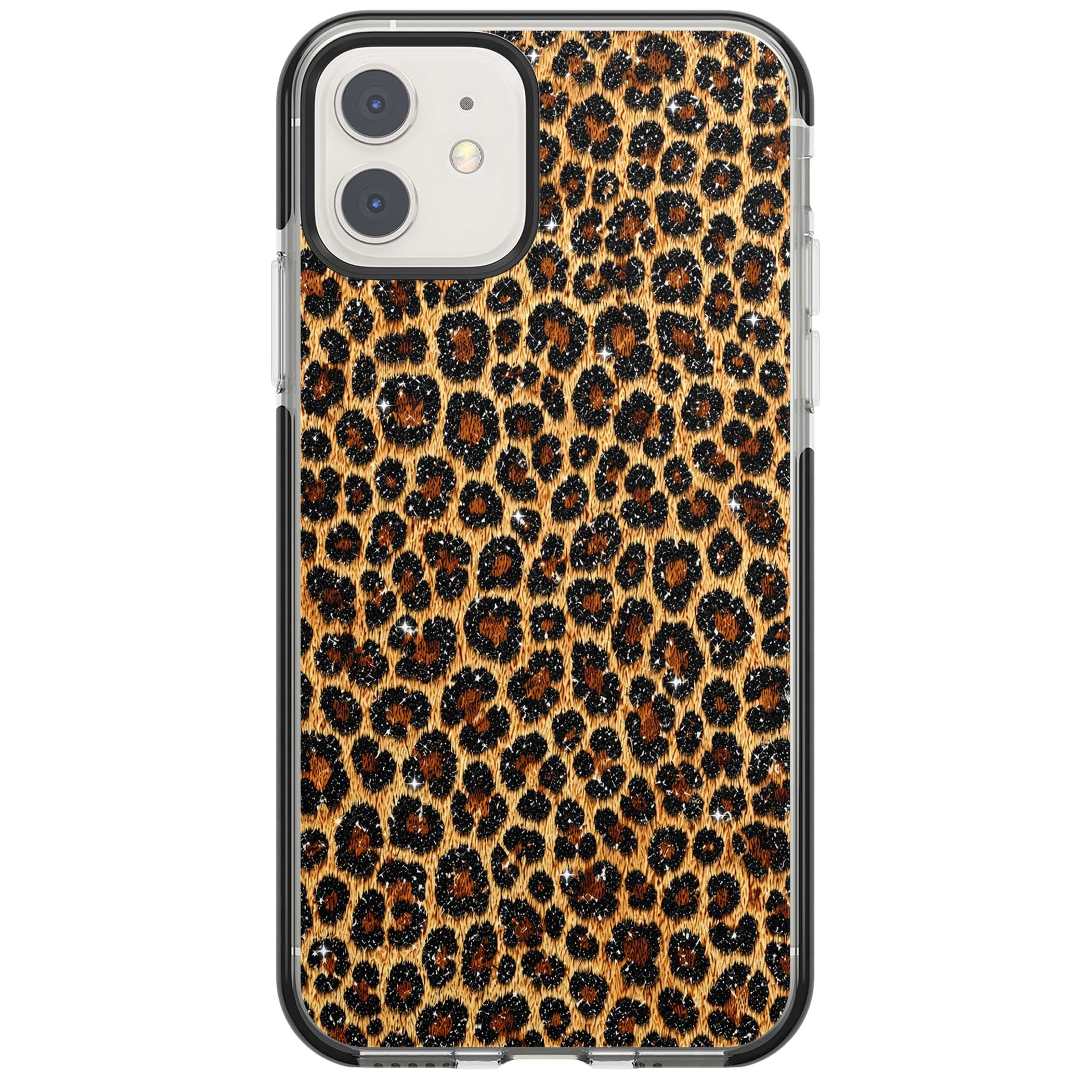 Diamond Leopard leopard print iPhone case featuring golden tan fur, black rosette spots and subtle glitter sparkle | Black Impact case for iPhone 11, iPhone 12