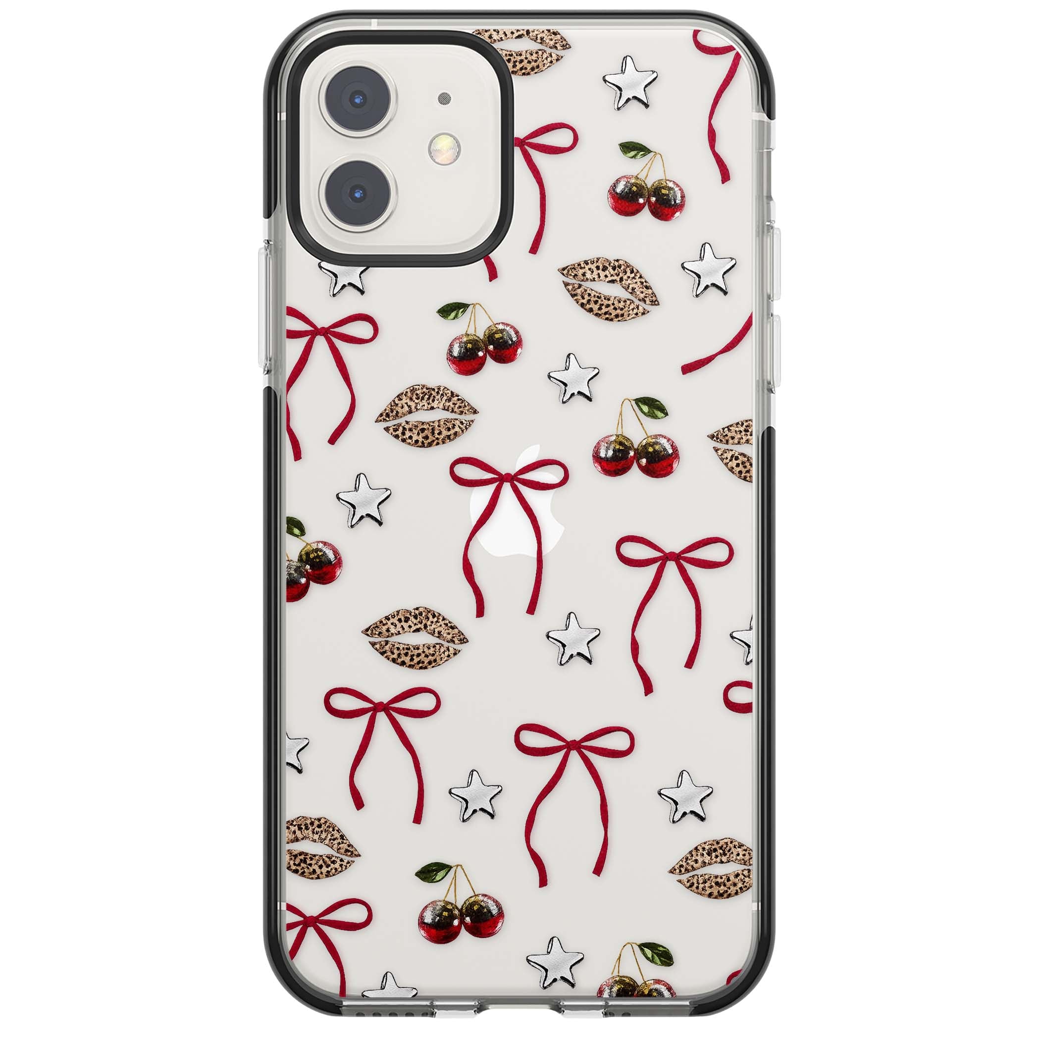 Starlet coquette iPhone case featuring red ribbon bows, disco cherries and leopard-print lips | Black Impact case for iPhone 11, iPhone 12