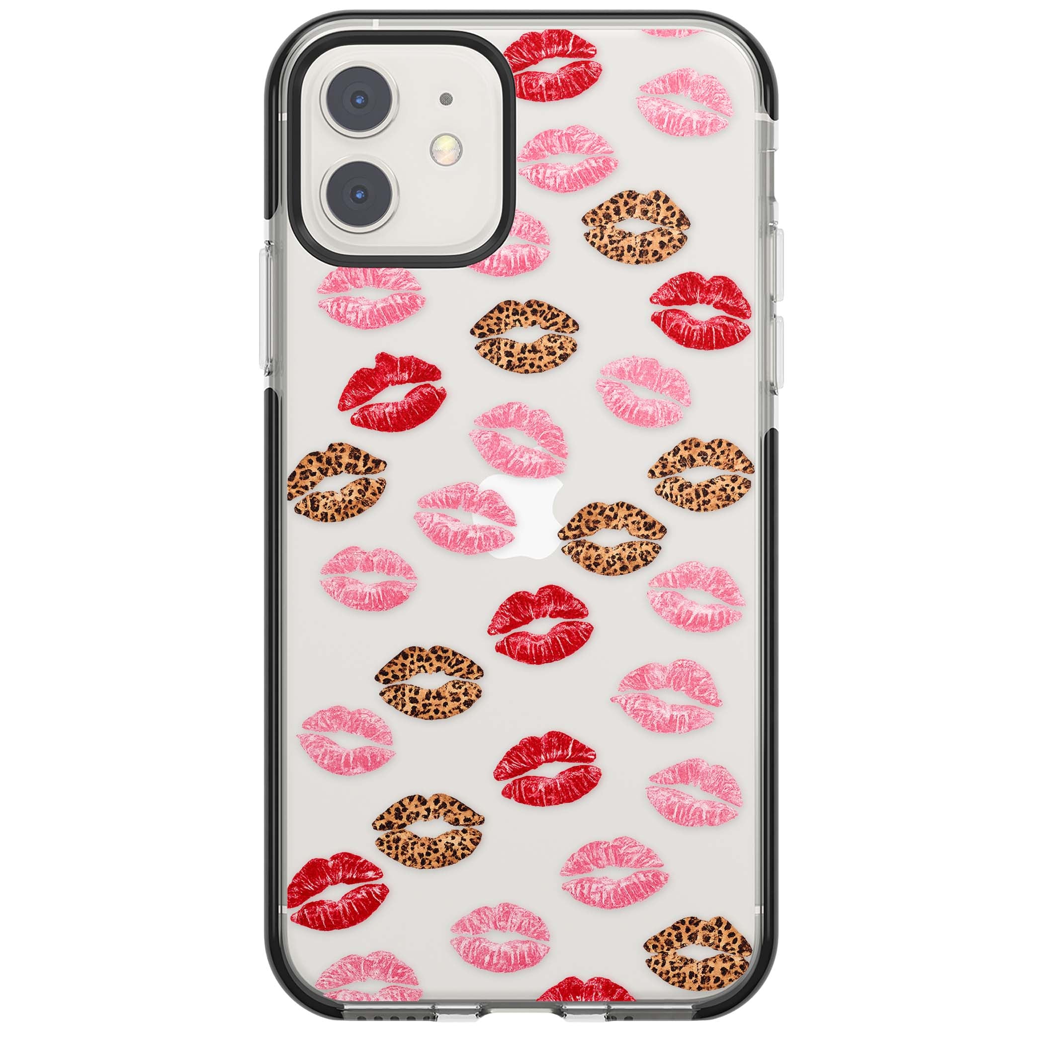 Wild Kisses coquette iPhone case featuring red, pink and leopard print lipstick kiss marks on a clear background | Black Impact case for iPhone 11, iPhone 12