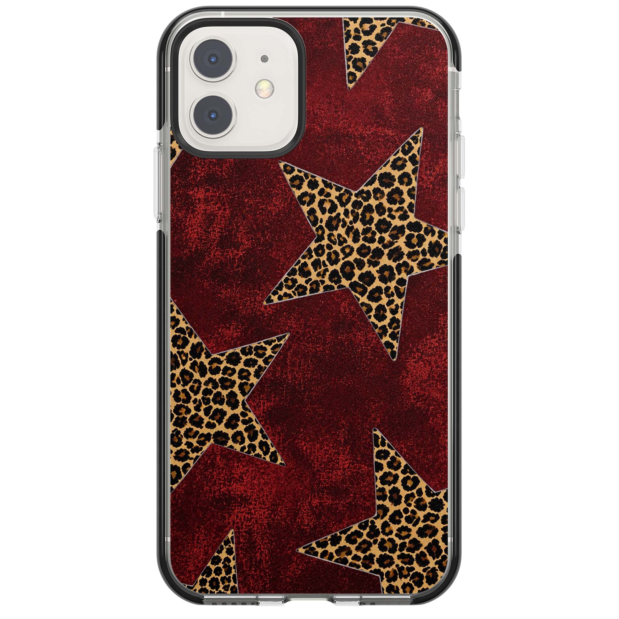 Showgirl leopard print iPhone case featuring cheetah print stars on distressed red grunge background | Black Impact case for iPhone 11, iPhone 12