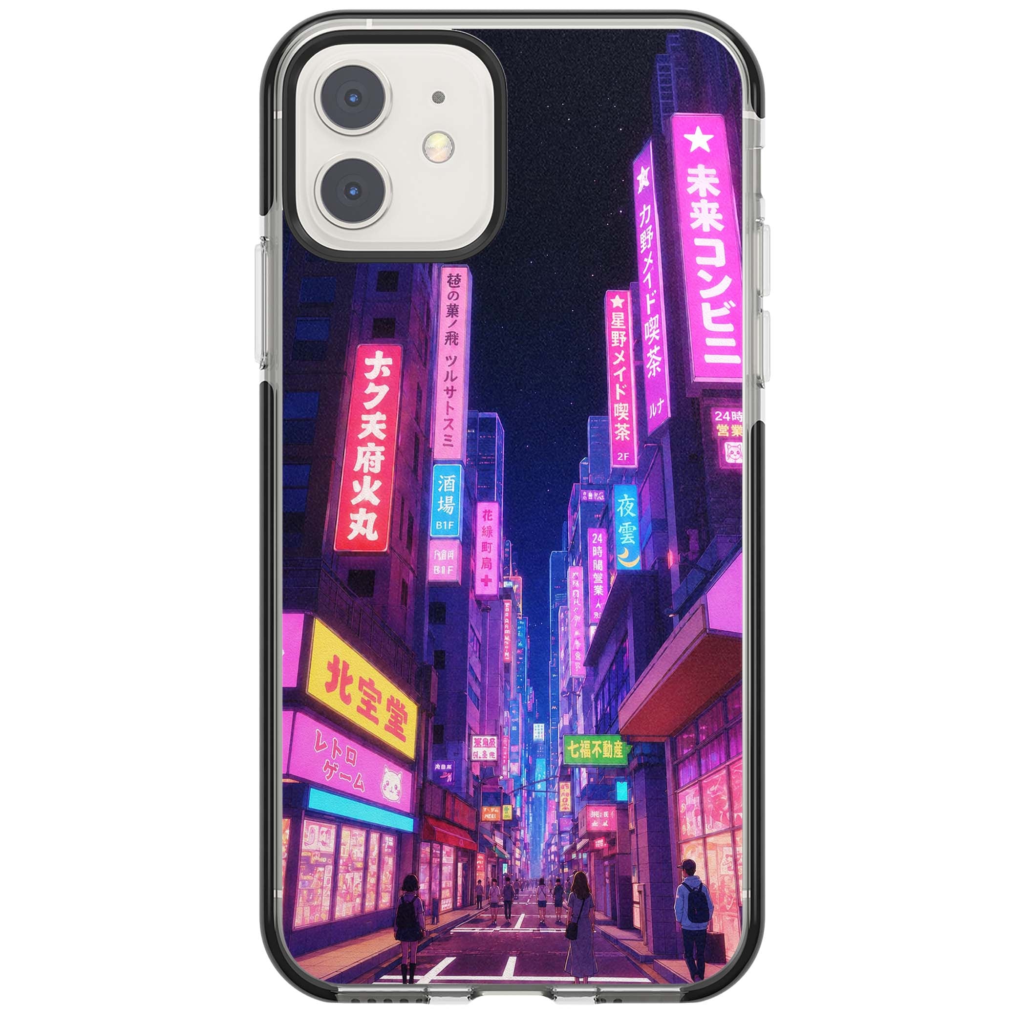 Shibuya At Night Japanese neon city iPhone case featuring glowing kanji signs, pink storefronts and a Tokyo street at n | Black Impact case for iPhone 11, iPhone 12