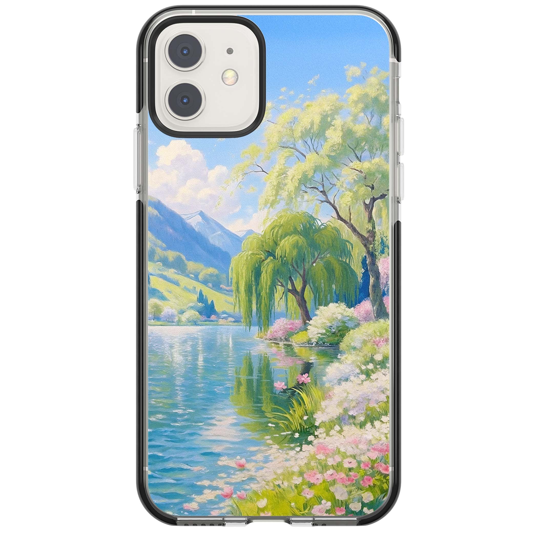 Willow Lake cottagecore iPhone case featuring a painted lakeside with weeping willow, blossoms and distant mountains | Black Impact case for iPhone 11, iPhone 12