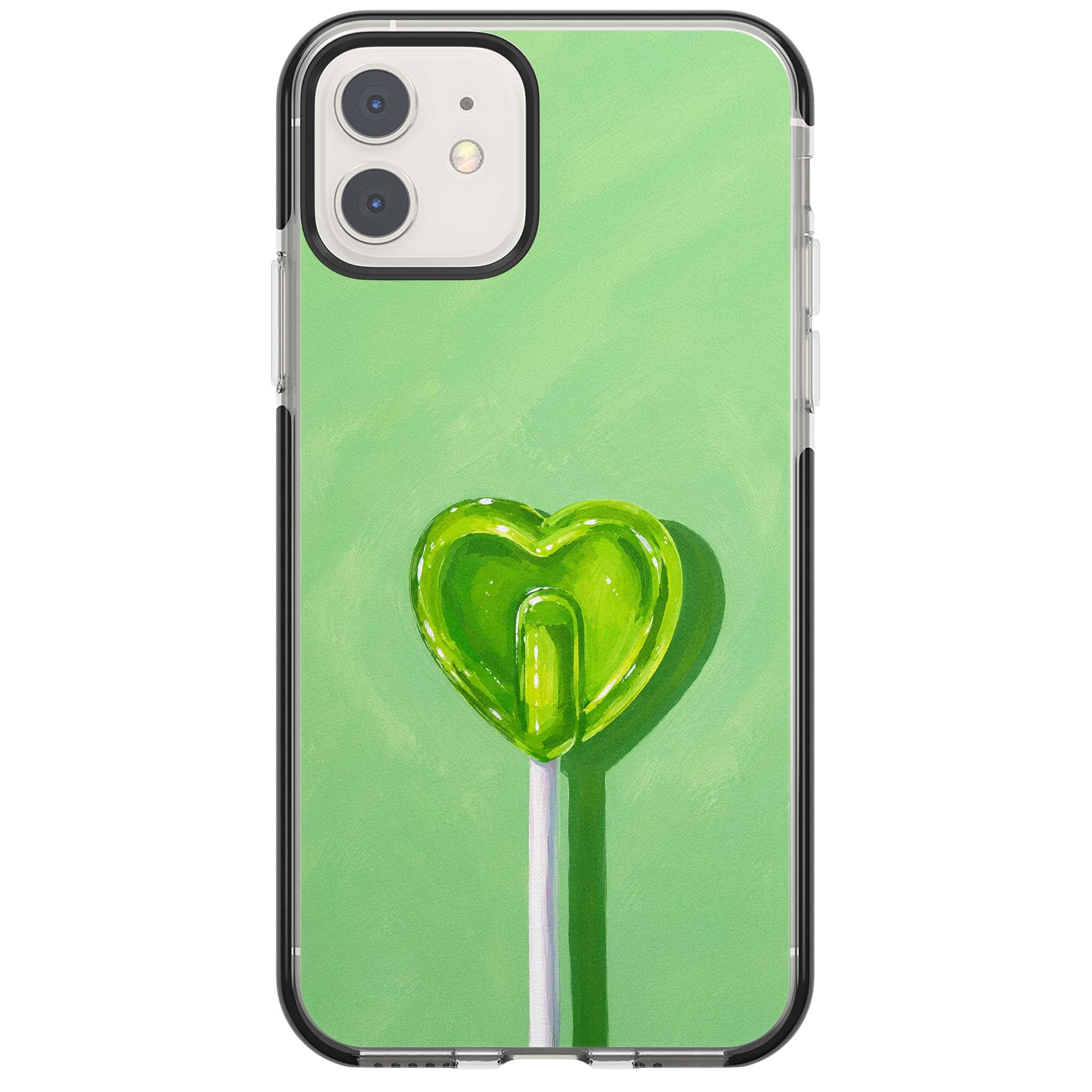 Green Lollipop candy art iPhone case featuring a glossy green heart-shaped lollipop on a painted pastel green background | Black Impact case for iPhone 11, iPhone 12