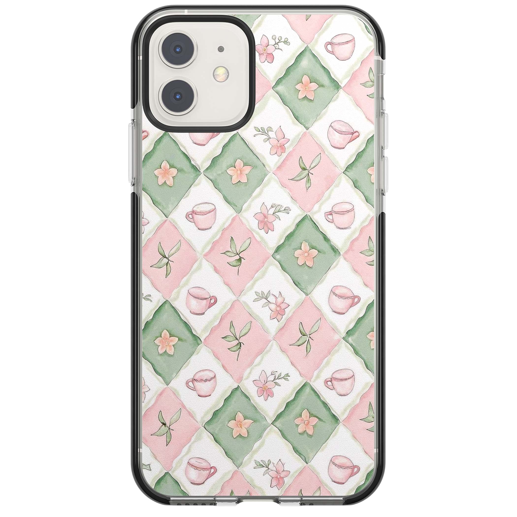 Garden Tea Party coquette iPhone case with pink and green checkered pattern, watercolour teacups and wildflowers | Black Impact case for iPhone 11, iPhone 12