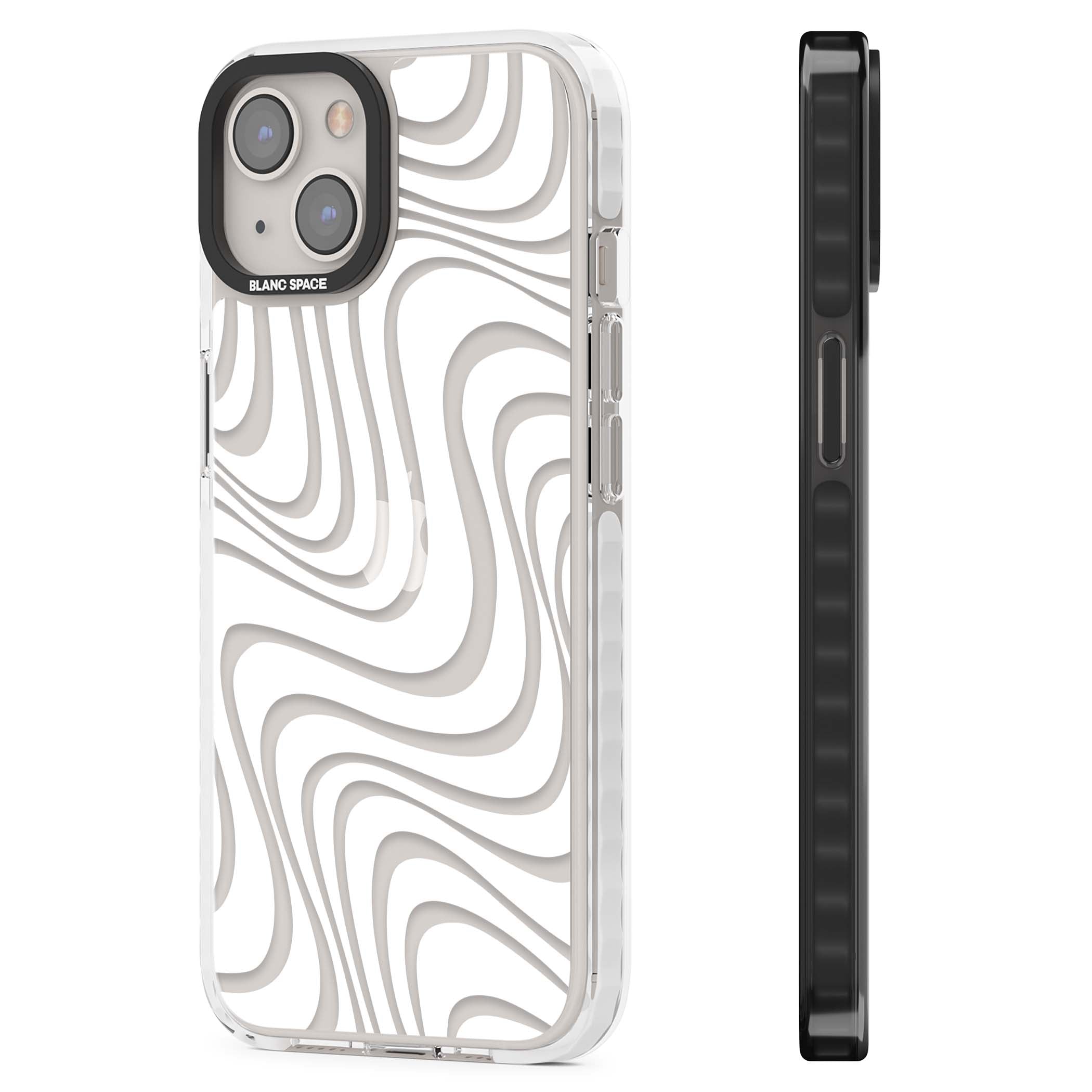 White Abstract Waves abstract iPhone case featuring flowing grey wave pattern on clear background | Clear Impact case for iPhone 13, iPhone 14, iPhone 15