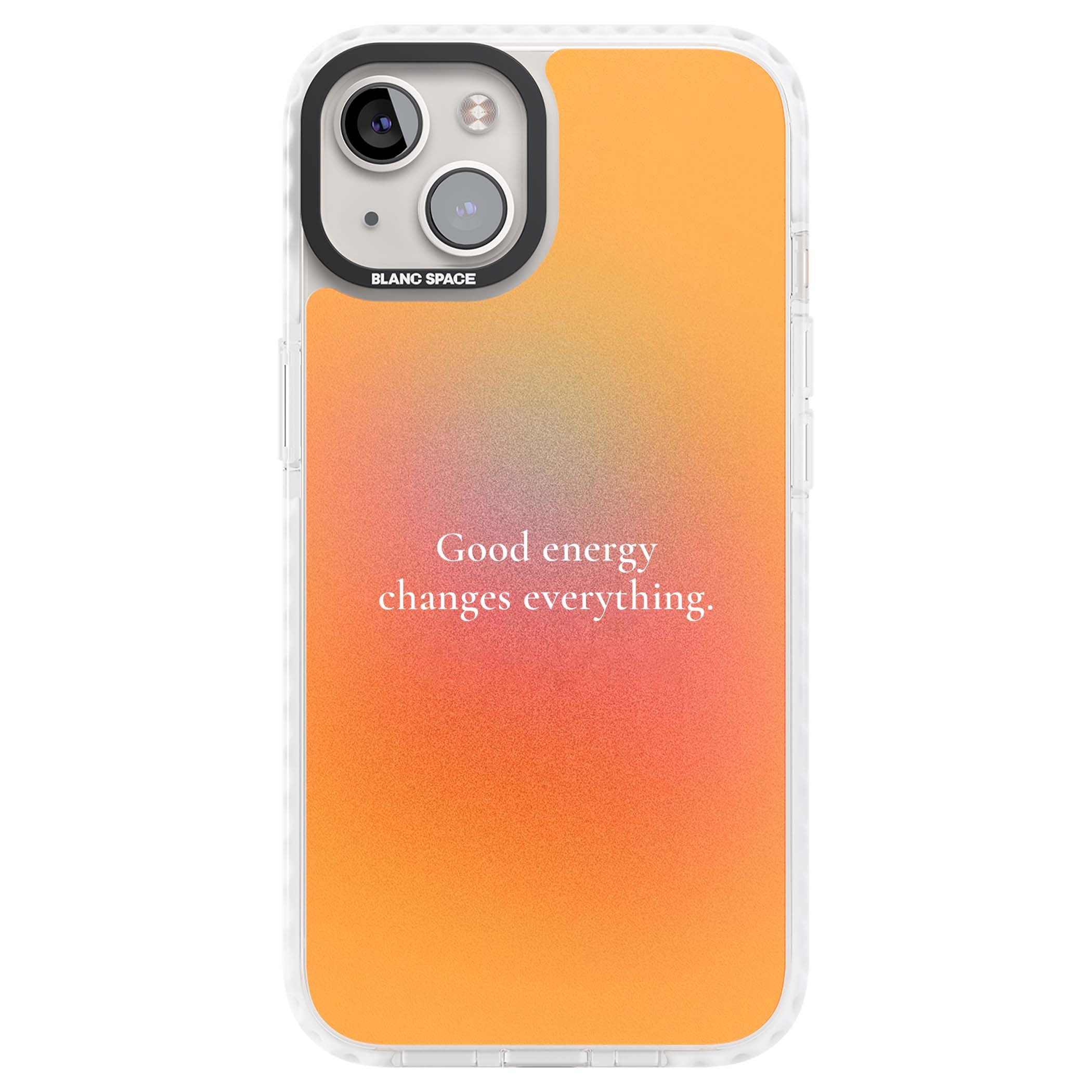 Good Energy quote iPhone case featuring an orange and pink aura gradient with white serif affirmation text | Clear Impact case for iPhone 13, iPhone 14, iPhone 15