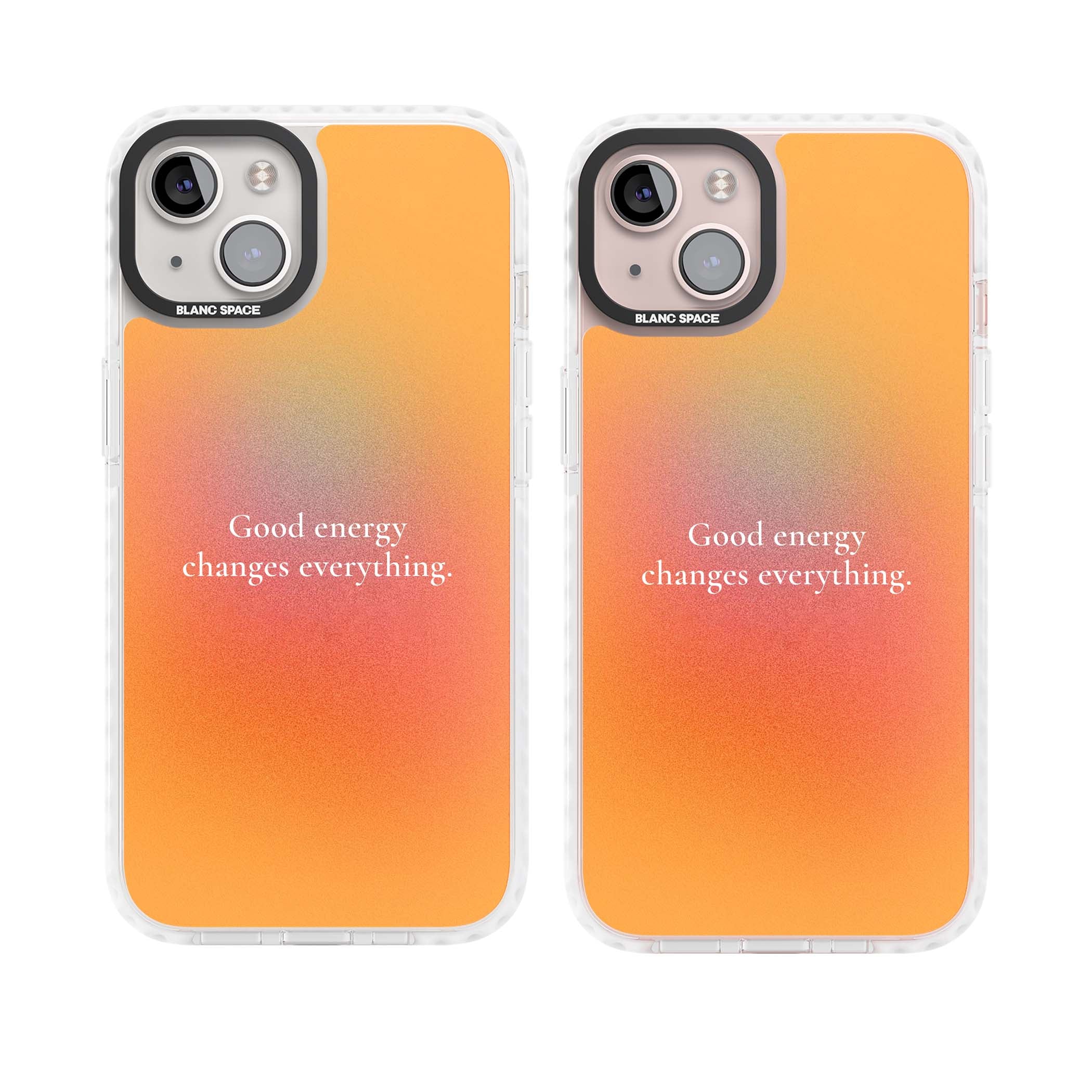 Good Energy quote iPhone case featuring an orange and pink aura gradient with white serif affirmation text | Clear Impact case for iPhone 13, iPhone 14, iPhone 15