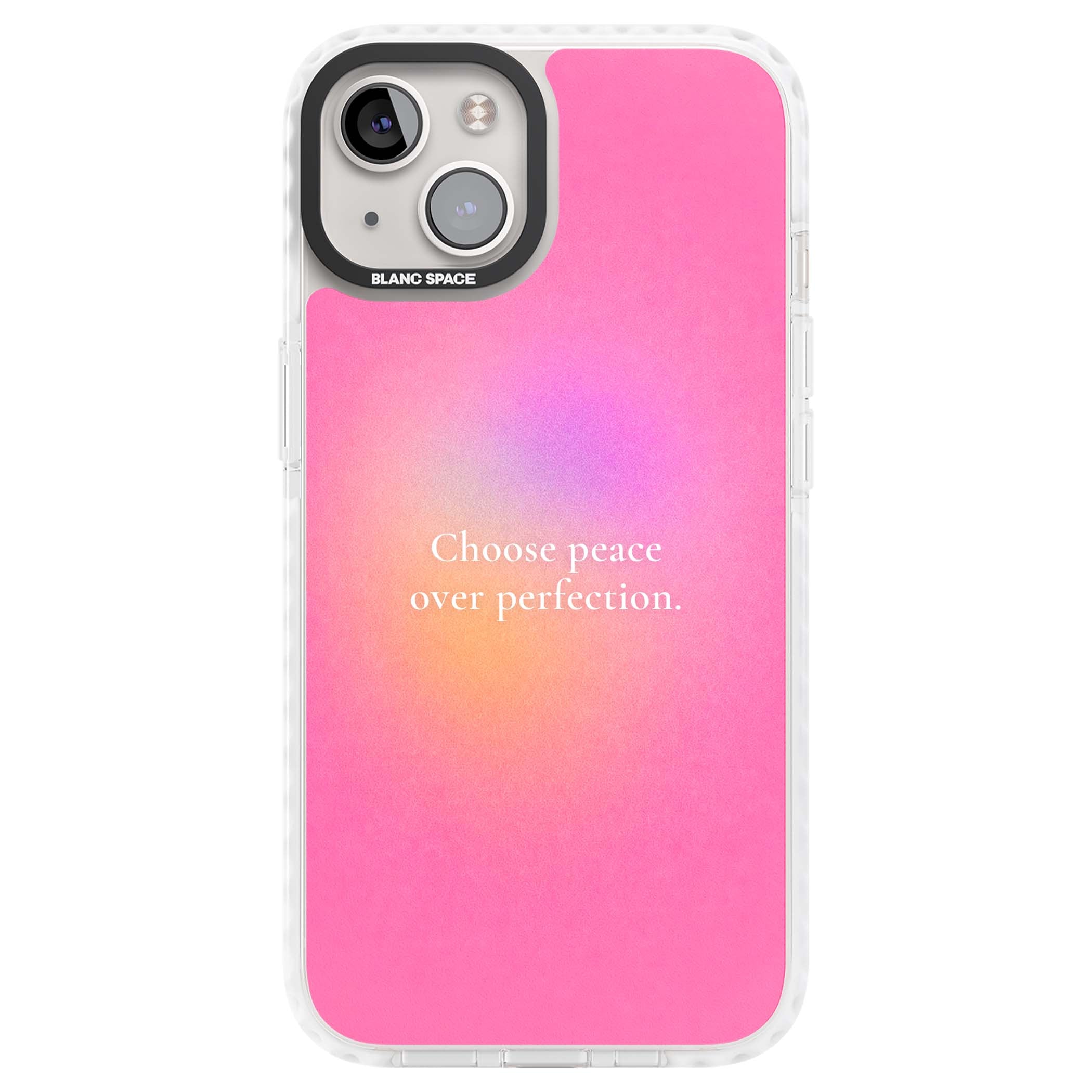 Peace Over Perfection quote iPhone case featuring a dreamy pink aura gradient and delicate white affirmation text | Clear Impact case for iPhone 13, iPhone 14, iPhone 15