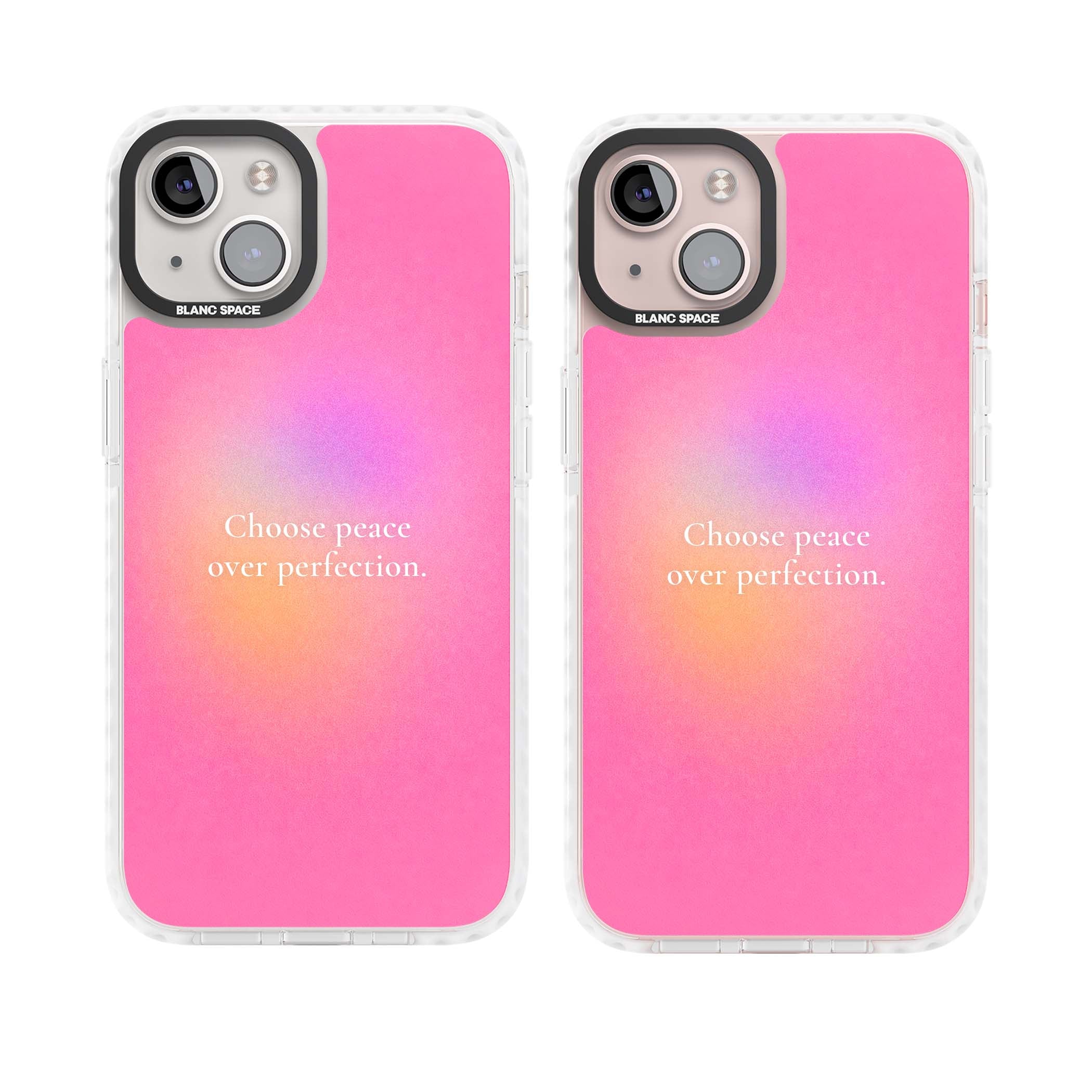 Peace Over Perfection quote iPhone case featuring a dreamy pink aura gradient and delicate white affirmation text | Clear Impact case for iPhone 13, iPhone 14, iPhone 15